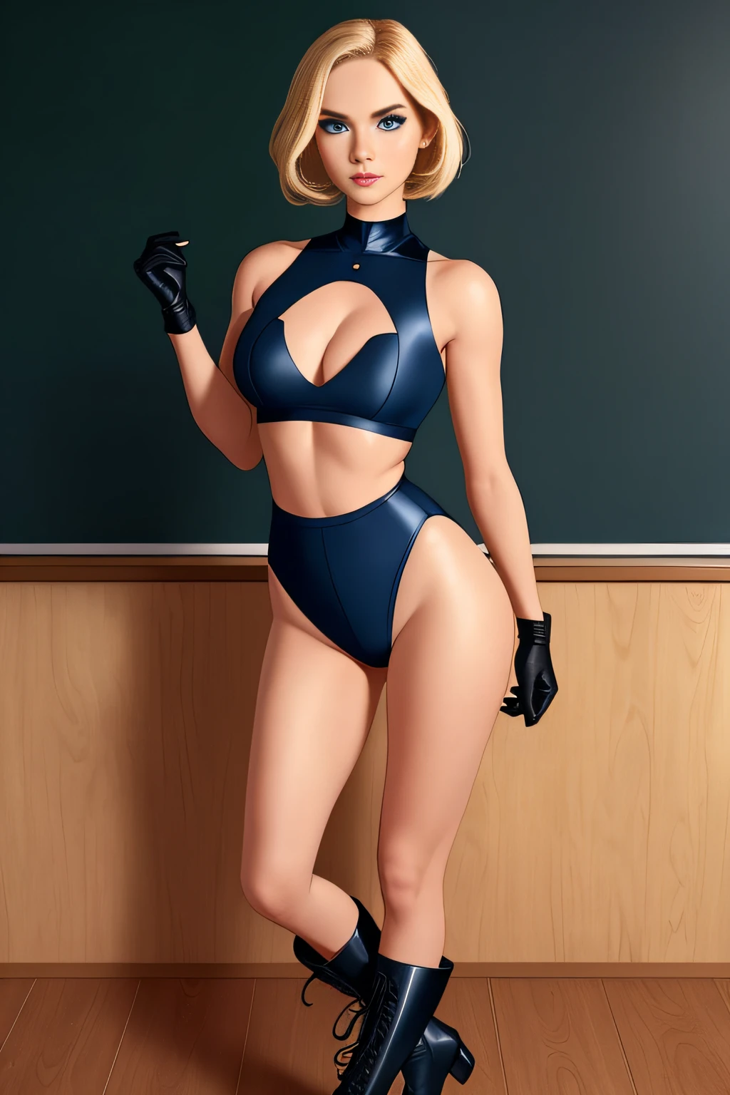 ((best quality)), ((masterpiece)), ((ultra realistic)), american blonde, beautiful detailed face, detailed eyes, sexy teacher, dressed in a black leotard with a midriff cutout, classroom backdrop, highly detailed, professional, bare legs, (full body), bob hair, short hair, blue eyes, blue sleeveless tank top, black gloves, matching boots, standing, solo, spinning, tornado swirls,