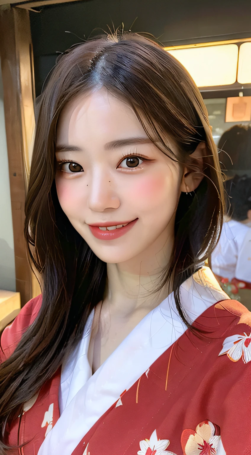 (((top quality, 8k, masterpiece))), crisp focus, (beautiful woman with perfect figure), slender, (hairstyle: up)), ((kimono: Kara)), street: 1.2 Highly detailed face and skin texture Detailed eyes Double eyelids random posture, (smile),super cute Japan person,super beauty Japanese girl, realistic face, double eyelid,smile,summer festival , at sunset , beautiful tooth , fire-works back-ground.