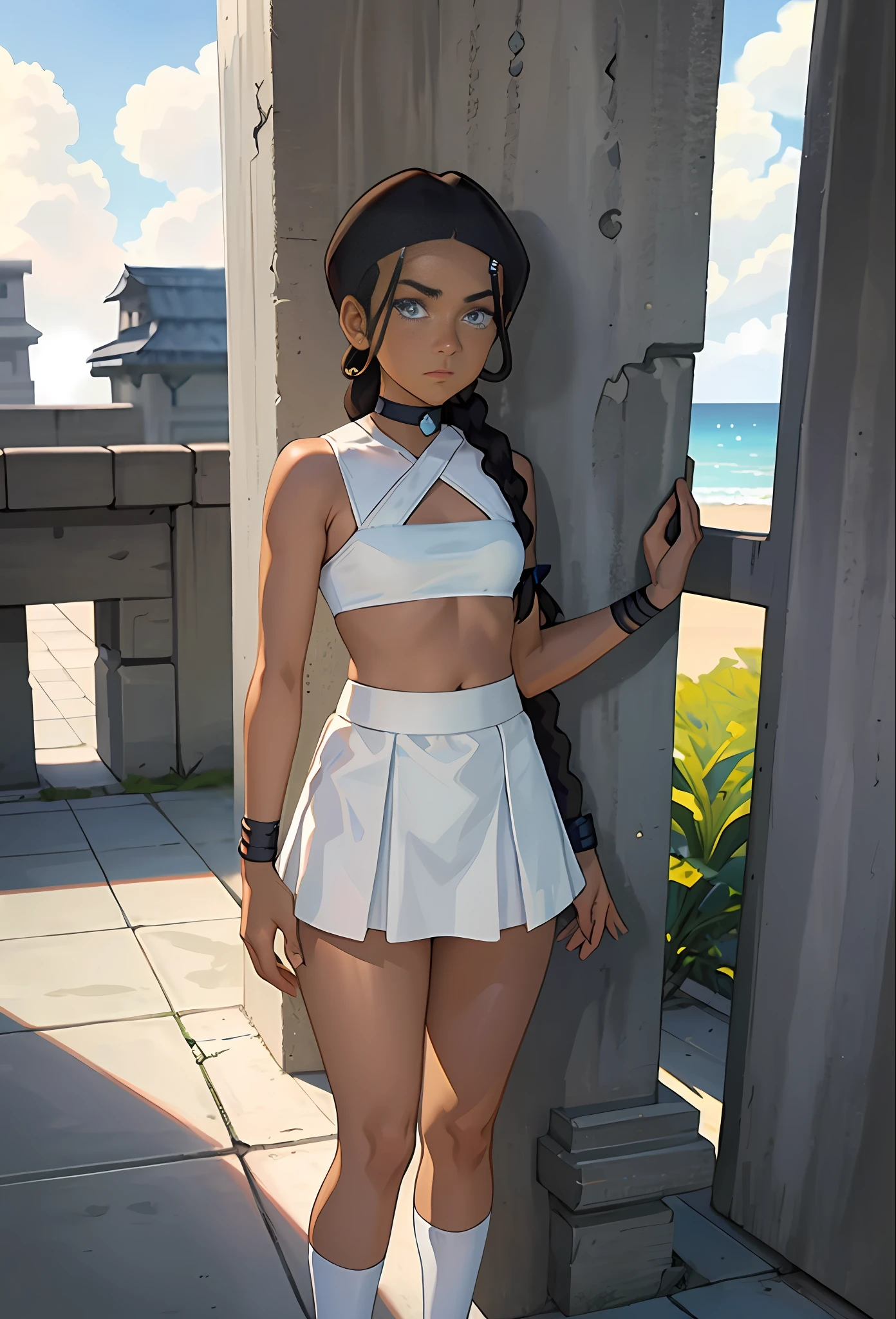 masterpiece, best quality, 1girl, katara, toned, dark skin, braid, jewelry, looking at viewer, tiny white thin bikini top, short white tennis upskirt, long legs, thigh high socks, sunshine, no panties, blue eyes, exposed underwear