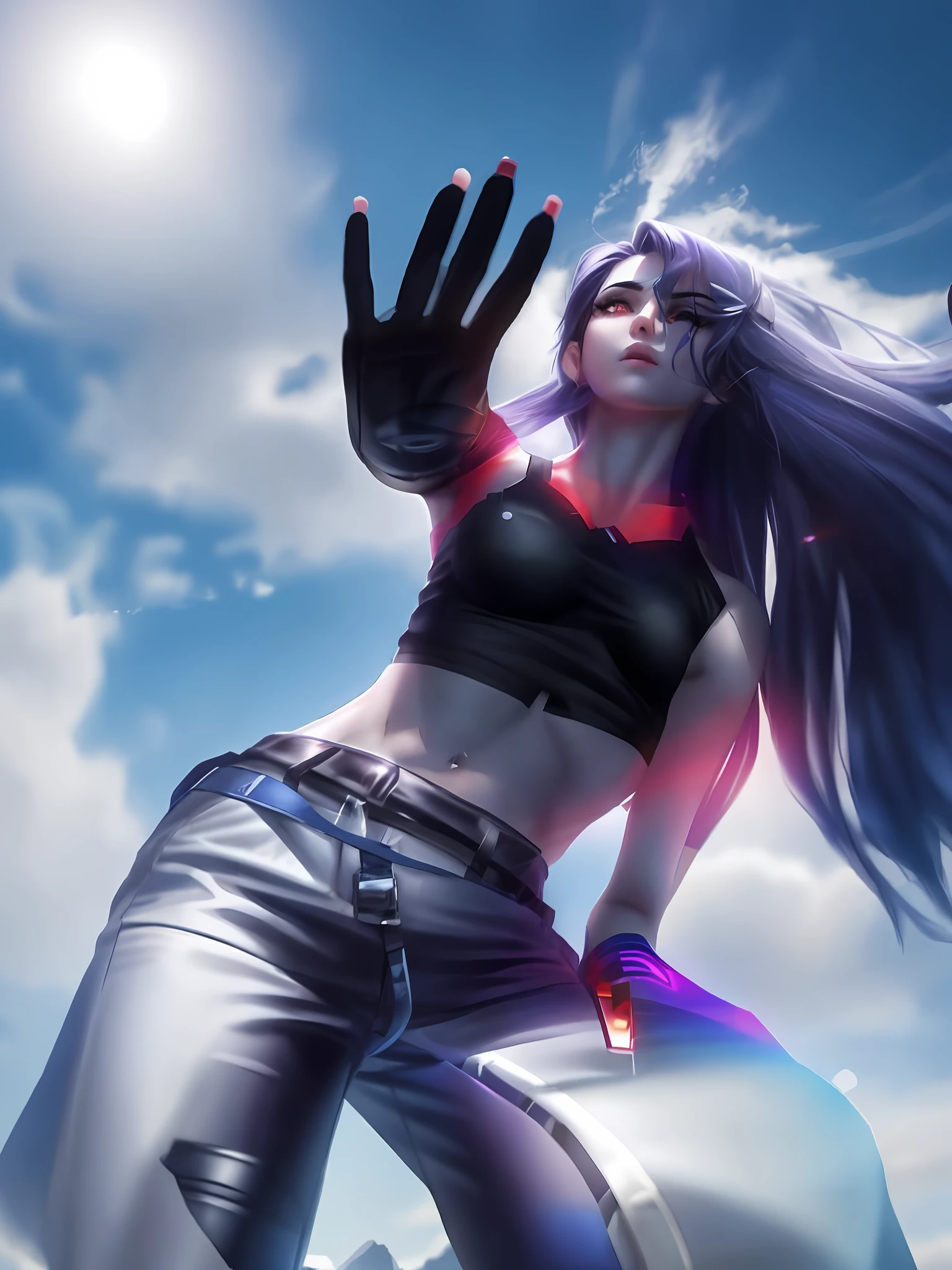 Widowmaker with long hair standing, wearing a cropped black tank top, wearing a cropped tank top, long hair, wearing a sexy cropped top, wearing a cropped tops, her belly button is exposed, from below, low angle