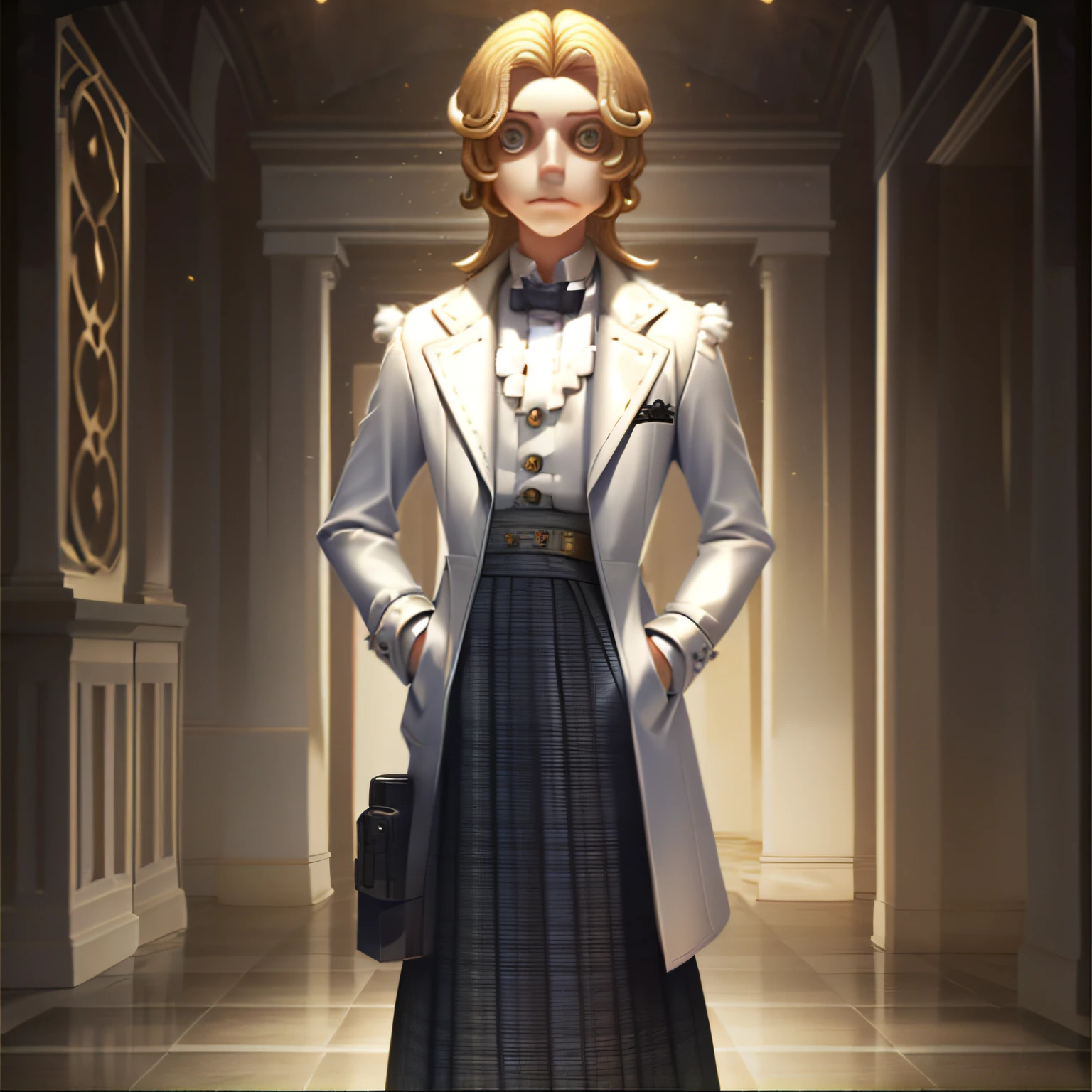 masterpiece, high quality, young boy, holding checked long skirt, digital camera, white jacket, blonde, facing forward, looking at camera, full body, center of screen