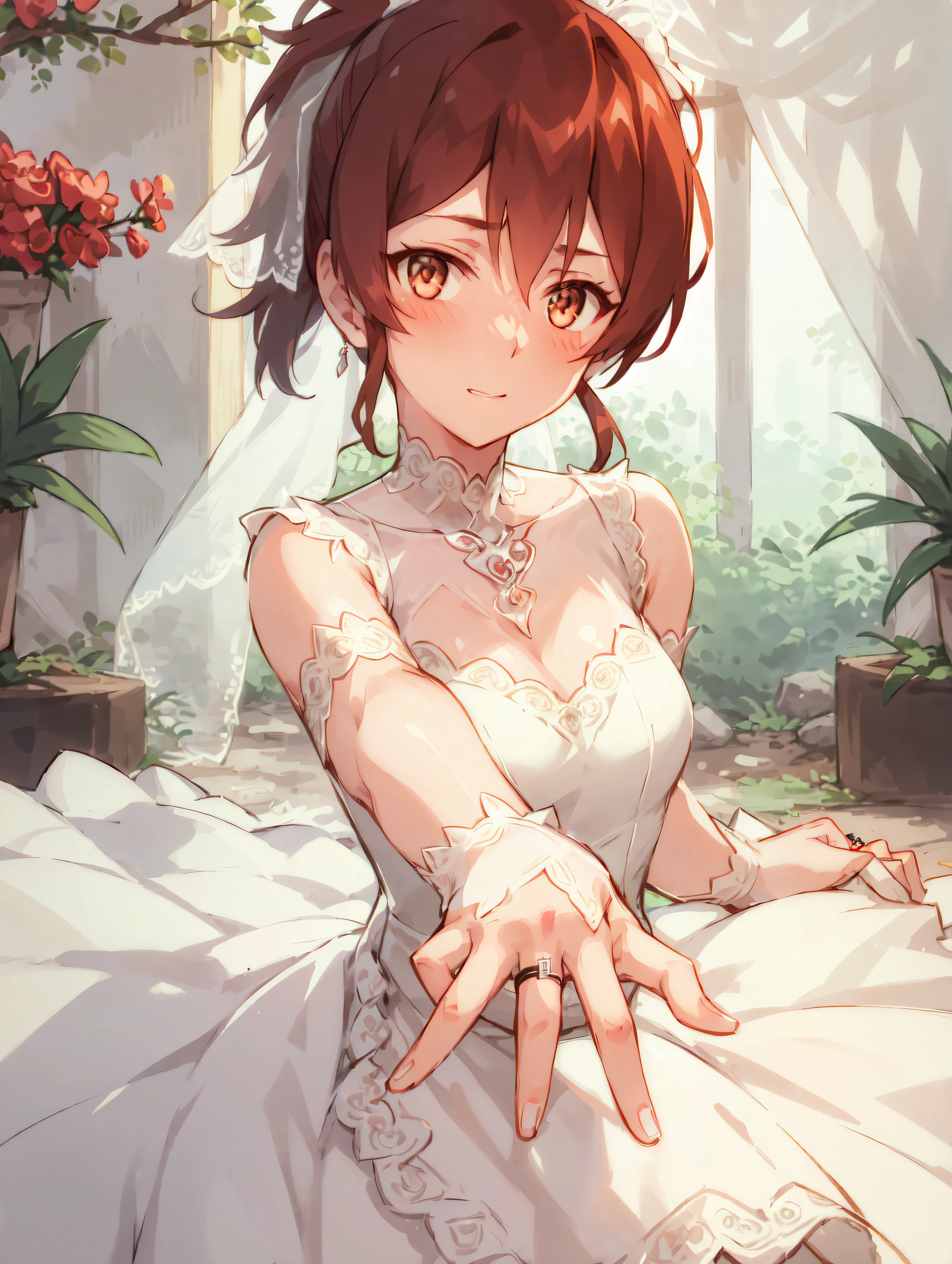 marc1, woman, very short ponytail, (Wedding dress), looking at viewer, hand forward, blushing, ring, good looking hand, 5 fingers