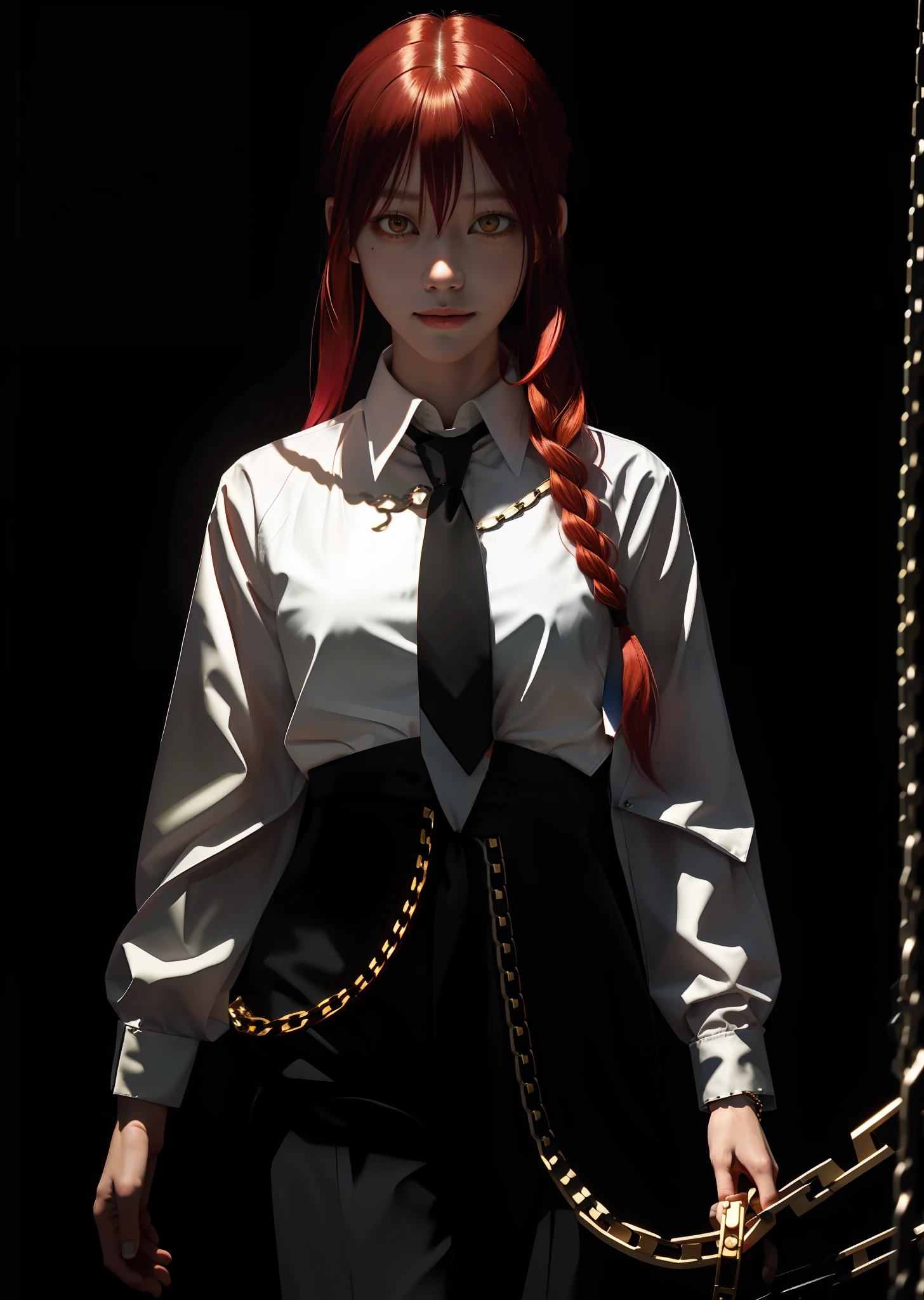 (masterpiece), (best quality),makima \(chainsaw man\), best quality, ultra detailed, 1girl, solo, standing, red hair, long braided hair, golden eyes, sexy, tied up \(nonsexual\), bangs, medium breasts, white shirt, necktie, stare, smile, (evil:1.2), looking at viewer, (interview:1.3), (dark background, chains:1.3)