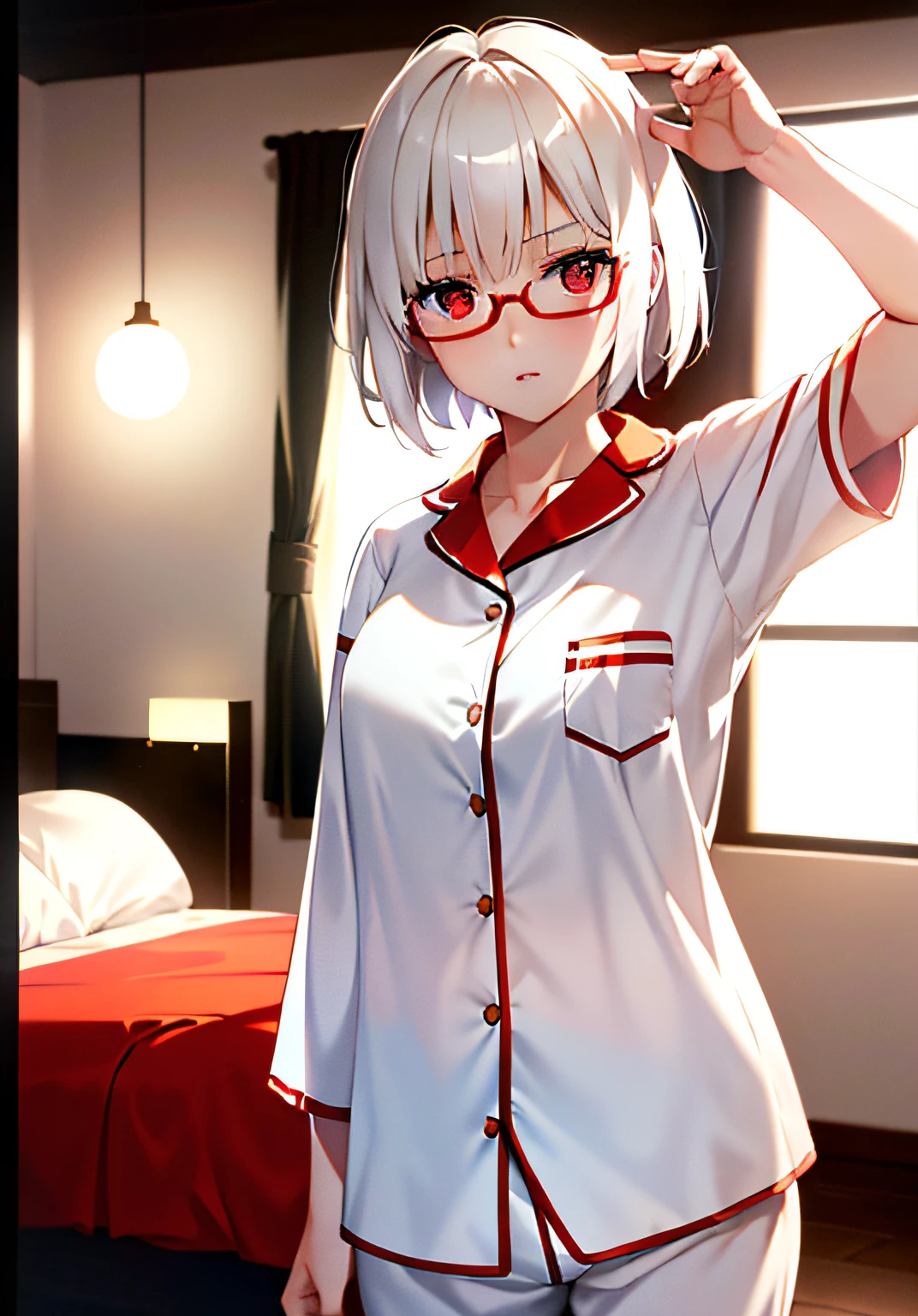 masterpiece , a girl, in a bedroom, ( lite white short hair:1.2), (red eyes:1.2), (pajamas:1.2), (looks at the viewer:1.2) , (8k, best quality 1.2), ultra-detailed, 8k uhd, soft lighting, high quality, film grain, beautiful lighting, cinematic ,perfect body , best illumination, best shadow, sharpness, contrast, red glasses, messy hair