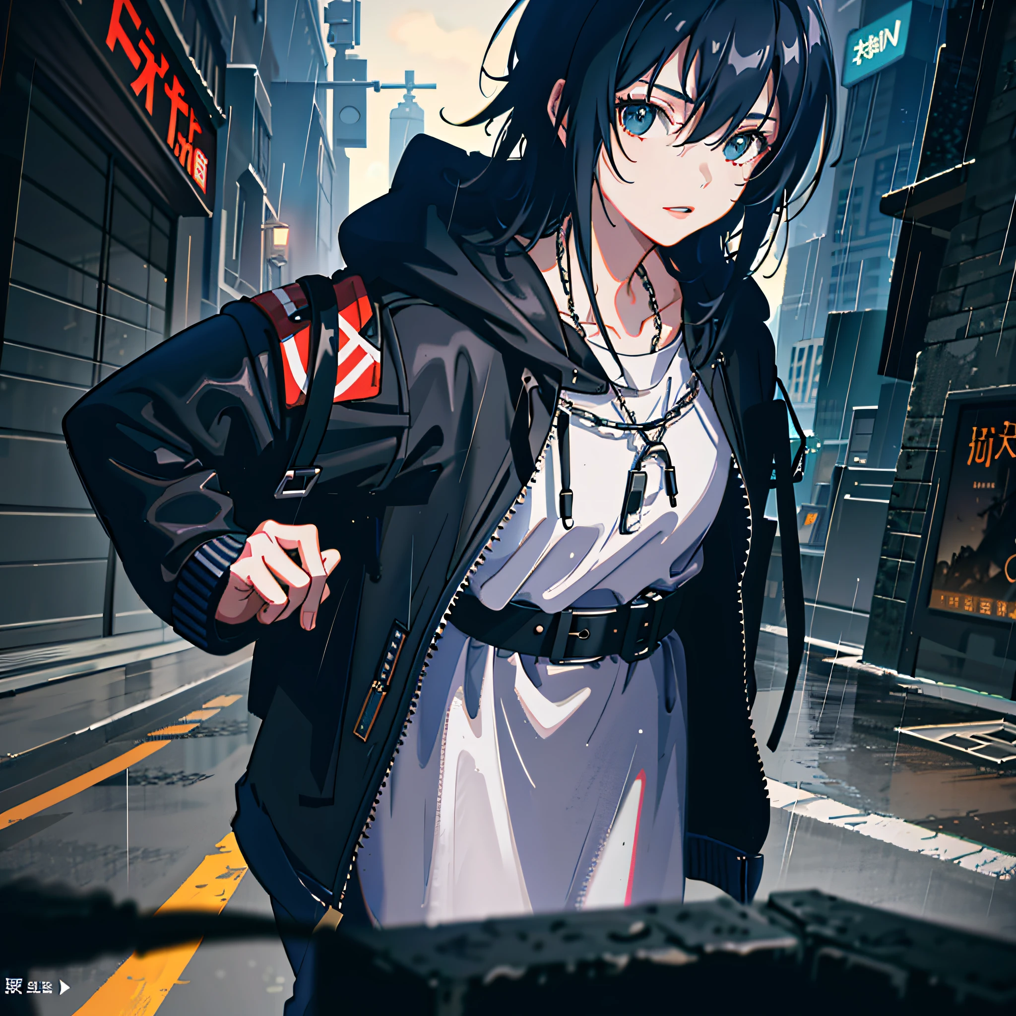 1girl, jacket, rain, outdoor, hoodie, open jacket, chain, backpack, looking at another, messy hair, trending on artstation, 8k resolution, highly detailed, anatomically correct, sharp image, digital painting, concept art, trending on pixiv, style of makoto shinkai,