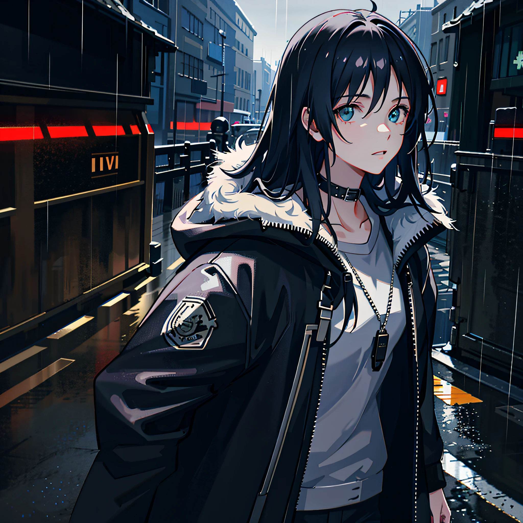 1girl, jacket, rain, outdoor, hoodie, open jacket, chain, backpack, looking at another, messy hair, trending on artstation, 8k resolution, highly detailed, anatomically correct, sharp image, digital painting, concept art, trending on pixiv, style of makoto shinkai,
