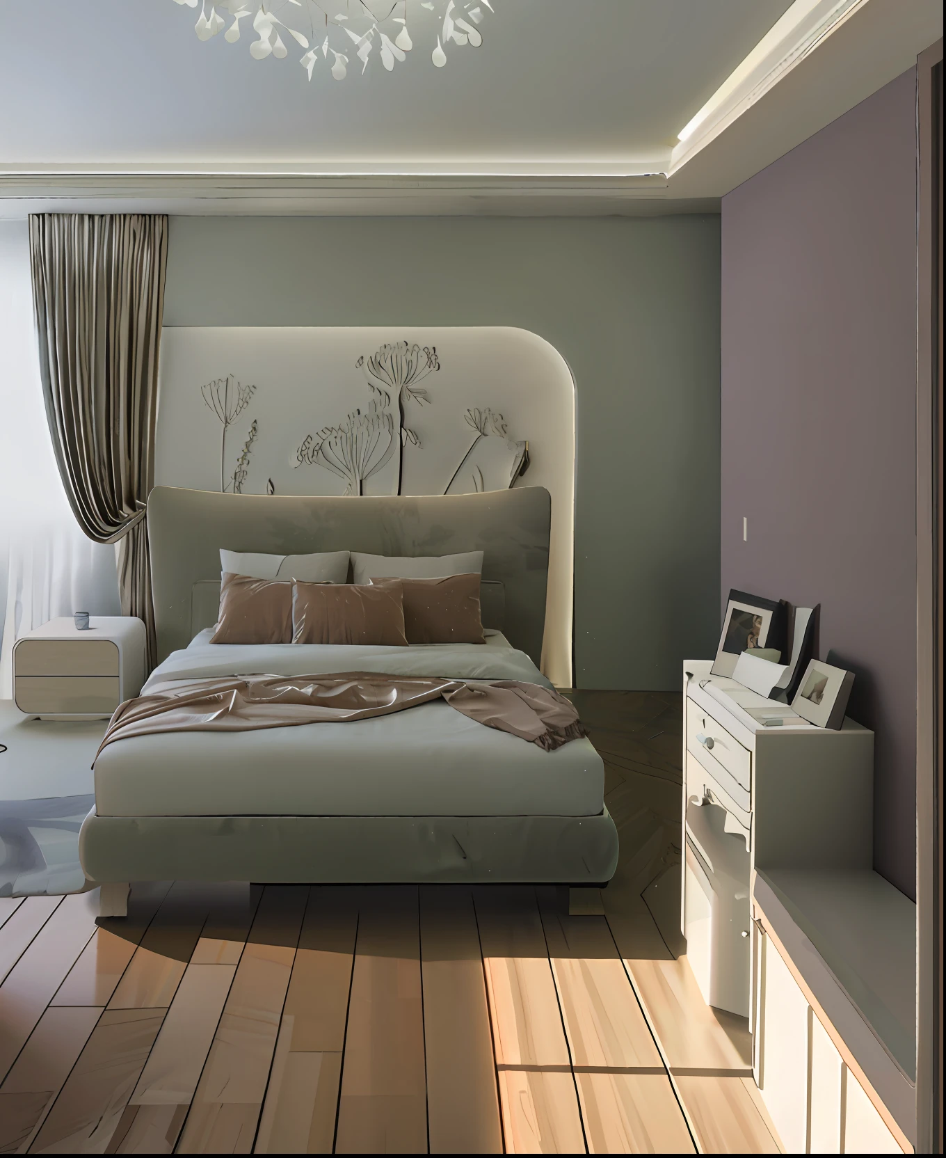 there is a bed with a headboard and pillows in a room, bed room, dim bedroom, elegant render, realistic 3 d style, rendered in vray, bedroom interior, rendered in povray, in style of 3d render, exquisite rendering, soft 3d render, serene bedroom setting, very realistic render, vray rendered, with vray