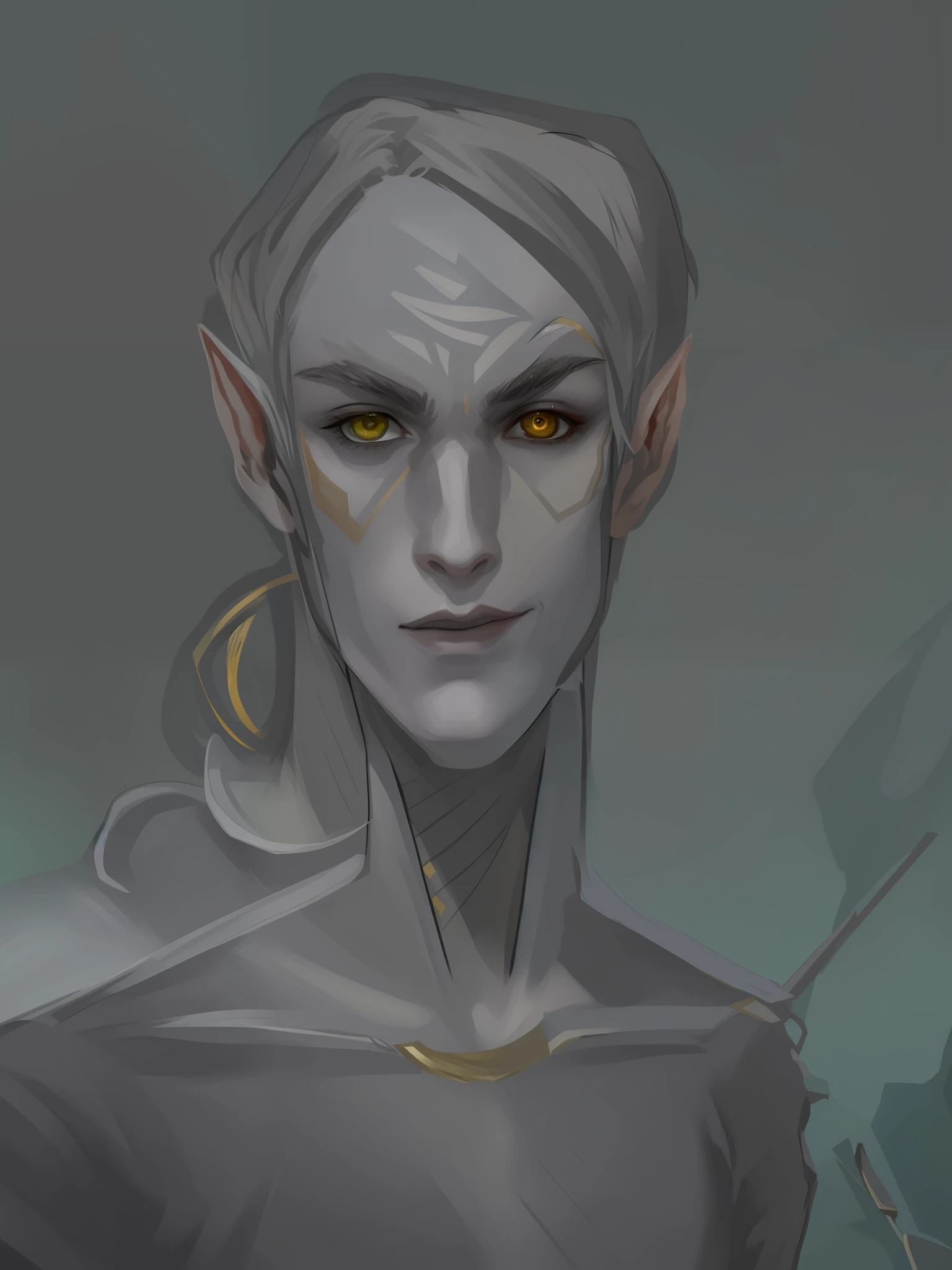 A digital painting portrait of a male elven warrior, proud demeanor, arrogant facial expression, (((gray eyebrows))), ((thin lips)), strong handsome male features, graphic novel character, concept character art, body tattoos