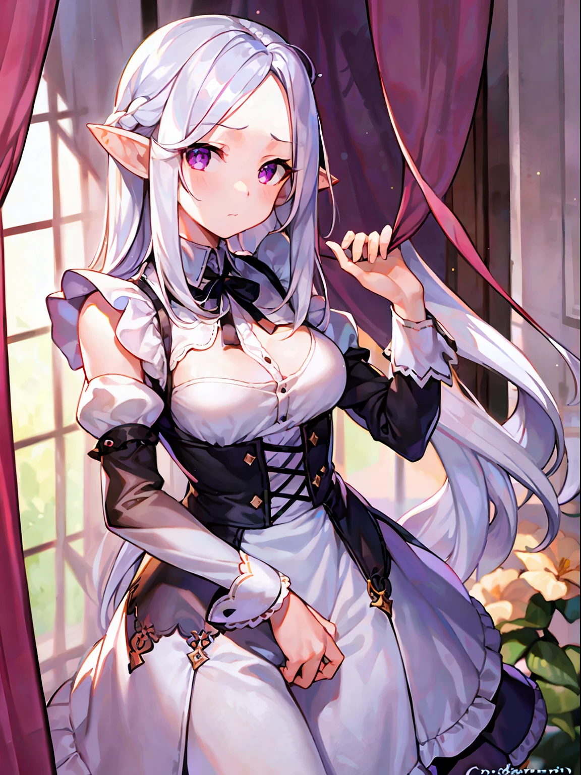 1girl, ((medium-small breasts)), standing, shy, light blush, (thin eyebrows:-1), (curtained hair:1.6), (straight hair:1.2), white hair, (long hair), purple eyes, ((forehead)), (pointy ears), ((maid clothes)), upper body, (close up:1.1), masterpiece,