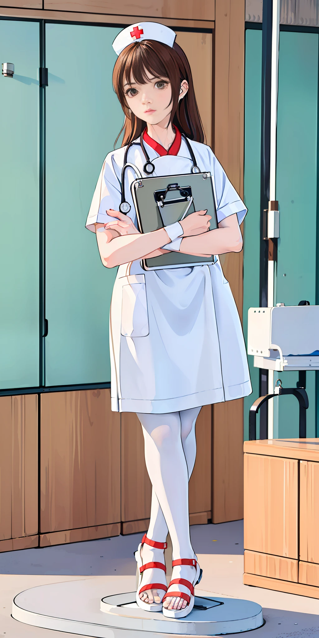 (((((Masterpiece)))), ((((Highly detailed)))), [[[Realistic Art]]], Beautiful Girl, Slim, Small Breasts, (((Bangs)))), (1girl)), Solo, ((Lookaway)), [Expressionless], Medium Long Hair, Short Ponytail, (((Nurse)), Short Sleeves, ((((Nurse Cap))), White Panties, ((White Pantyhose), (White Nurse Sandals), (Stethoscope, ((Squat)), Name Brand, Foot Focus, From Below , full body, hugging clipboard, medical cabinet, medical office,,