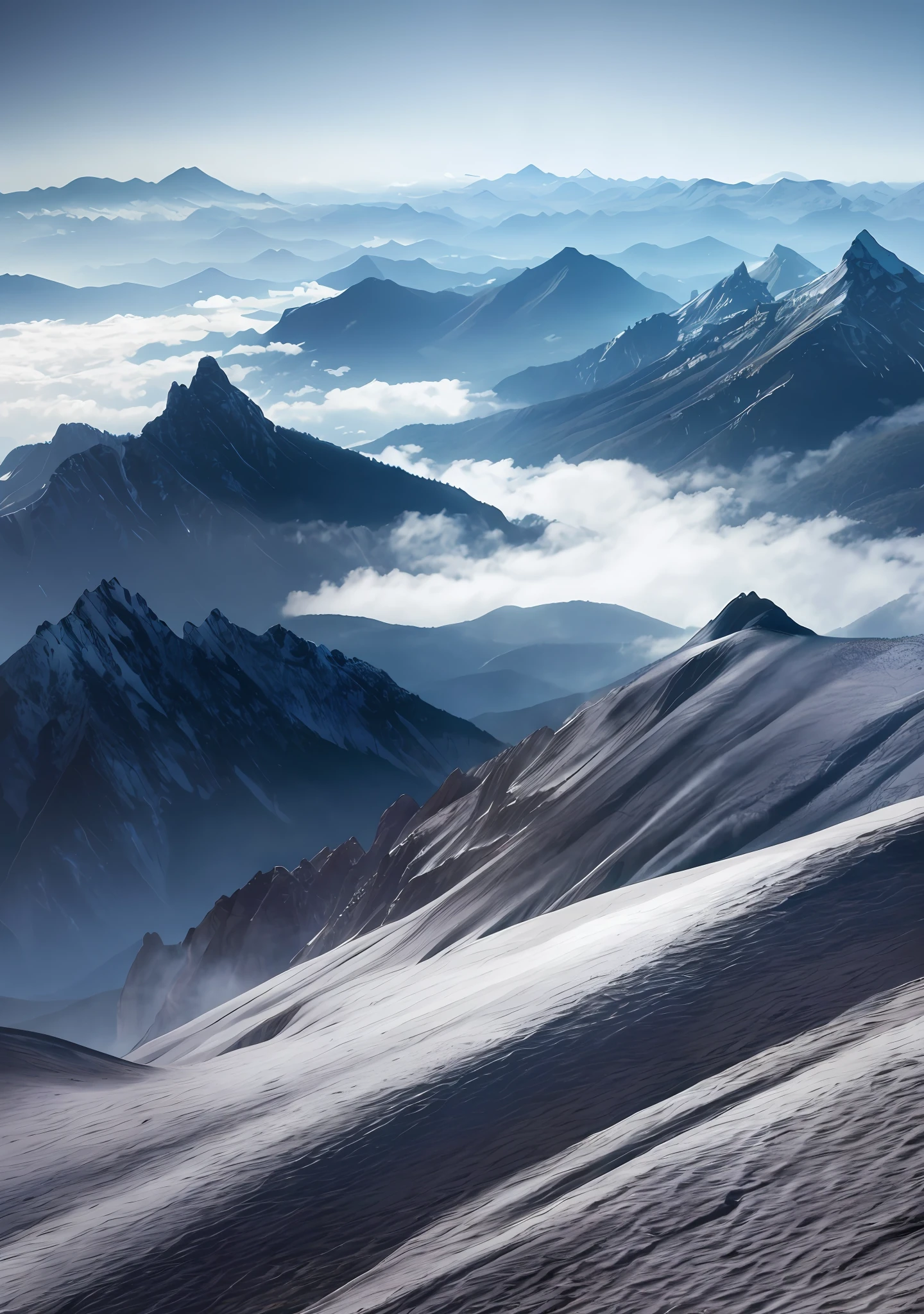view of the blue mountain ranges from above, inthe style of mysterious backdrops, uhd imageclear texture.zhichao cai,dusty piles,dreamyatmosphere --ar 4:7 --V 5.1