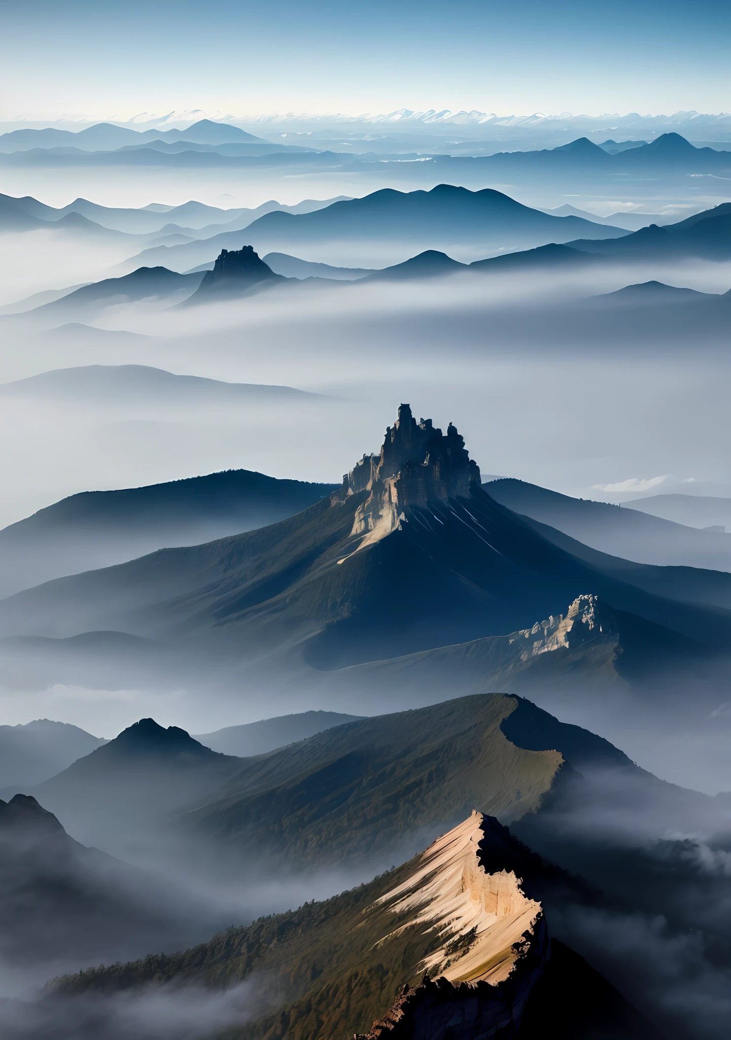 view of the blue mountain ranges from above, inthe style of mysterious backdrops, uhd imageclear texture.zhichao cai,dusty piles,dreamyatmosphere --ar 4:7 --V 5.1