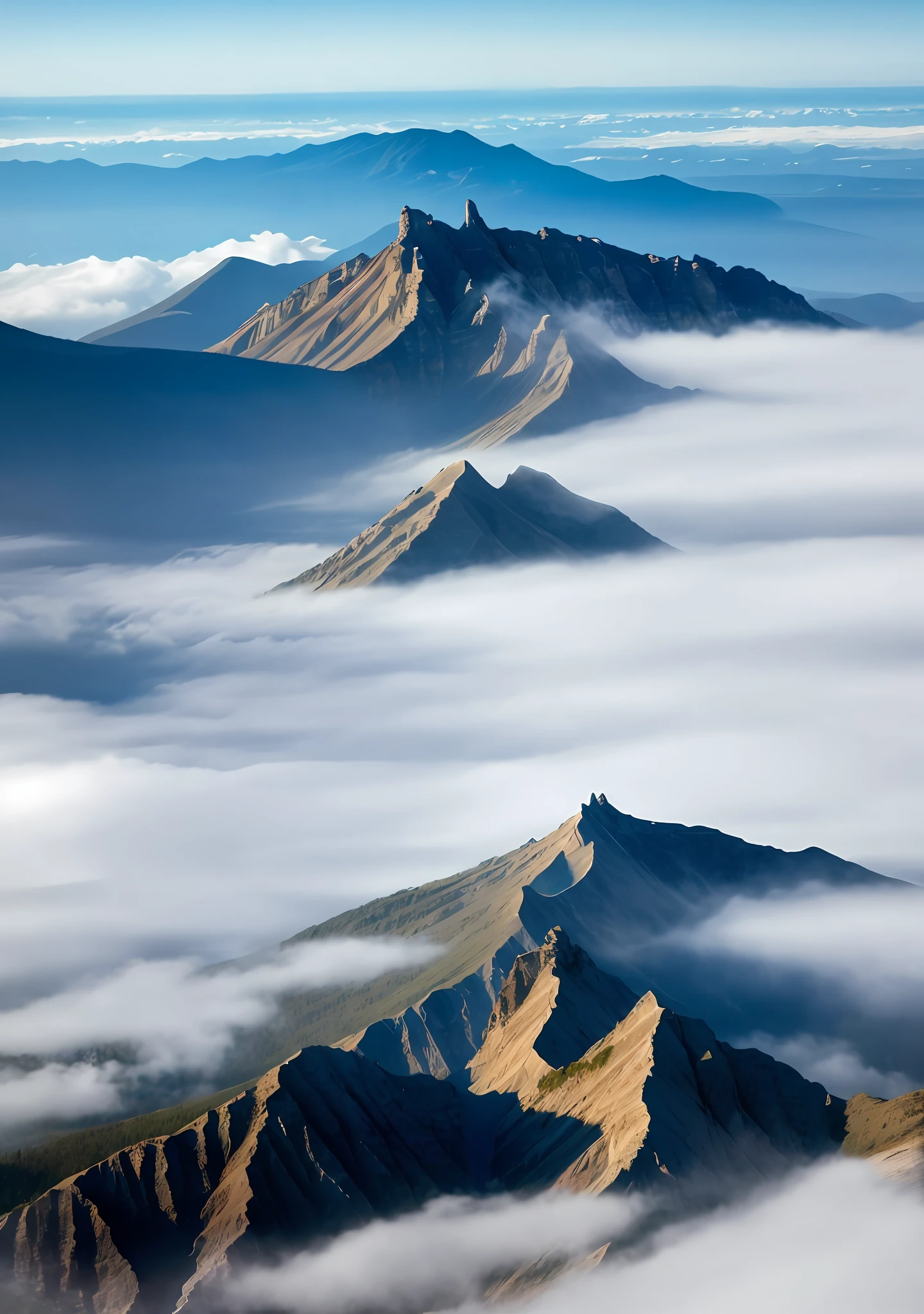 view of the blue mountain ranges from above, inthe style of mysterious backdrops, uhd imageclear texture.zhichao cai,dusty piles,dreamyatmosphere --ar 4:7 --V 5.1