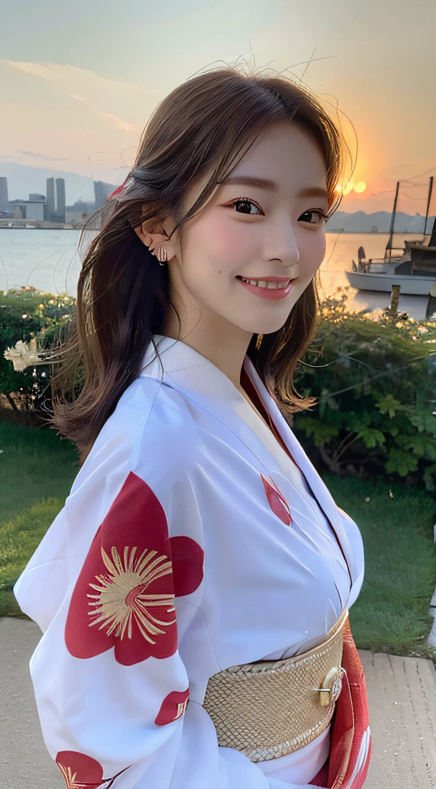 beautiful shape ears , look at camera,(((top quality, 8k, masterpiece))), crisp focus, (beautiful woman with perfect figure), slender, (hairstyle: up)), ((kimono: Kara)), street: 1.2 Highly detailed face and skin texture Detailed eyes Double eyelids random posture, (smile),super cute Japan person,super beauty Japanese girl, realistic face, double eyelid,smile,summer festival , at sunset , beautiful tooth , fire-works back-ground.