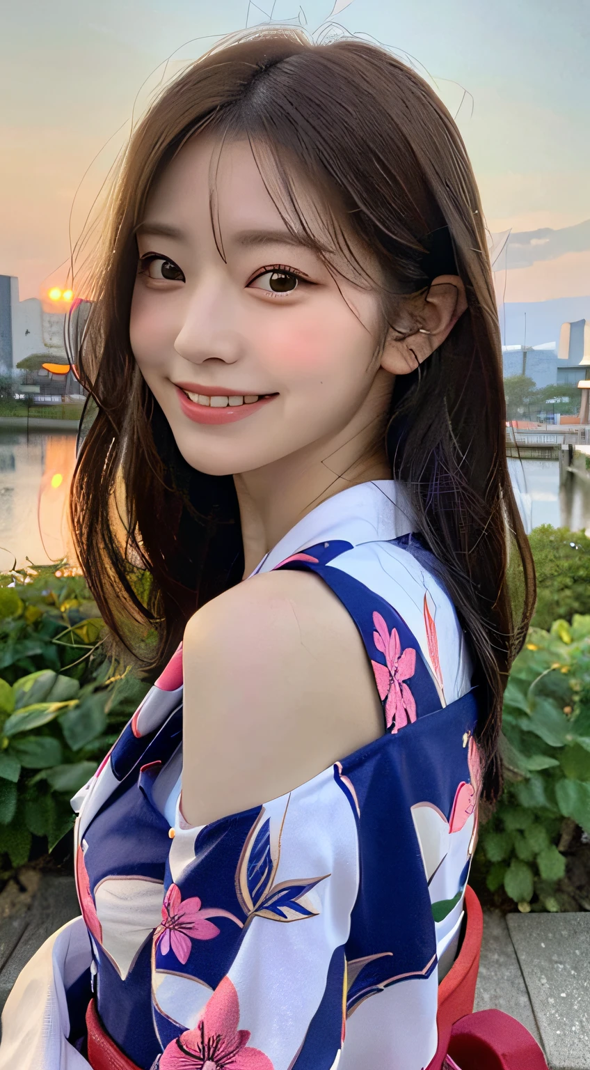 beautiful shape ears , look at camera,(((top quality, 8k, masterpiece))), crisp focus, (beautiful woman with perfect figure), slender, (hairstyle: up)), ((kimono: Kara)), street: 1.2 Highly detailed face and skin texture Detailed eyes Double eyelids random posture, (smile),super cute Japan person,super beauty Japanese girl, realistic face, double eyelid,smile,summer festival , at sunset , beautiful tooth , fire-works back-ground.