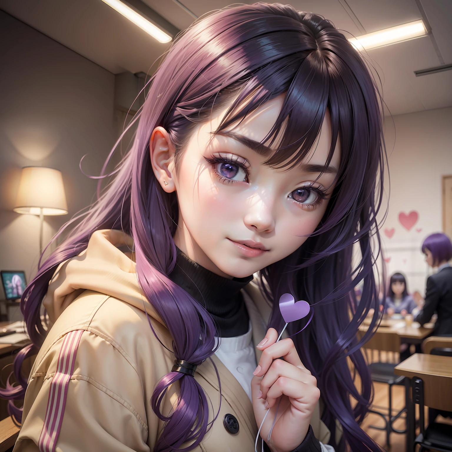 purple inner hair, long hair, butterfly hair ornaments, heart-shaped pupils, symbol shaped pupils, smile, surprise, surrealism, renaissance, anime, anime, anime style, suprematism, verism, cinematic lighting, chiaroscuro, ray tracing, reflected light, fuji, dioragram, first-person perspective, pov, close up, wide angle, perspective shortening, uhd, retina, masterpiece, ccurate, textured skin, high detail, high resolution, award-winning, 16k, best quality, high quality ,1 Girl, Female Focus, Solo, Alone, Alone, Inspired by Yuriko Ishida, Suzuko Hirose, Misakura Imada, Mai Shiraishi, Kyoko Fukada, Miwa Hamabe, Rina Hashimoto, Satomi Ishihara
