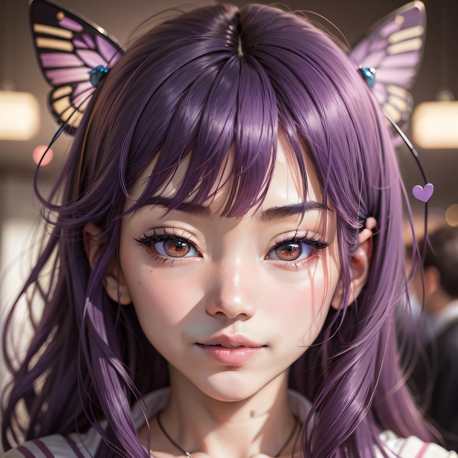 purple inner hair, long hair, butterfly hair ornaments, heart-shaped pupils, symbol shaped pupils, smile, surprise, surrealism, renaissance, anime, anime, anime style, suprematism, verism, cinematic lighting, chiaroscuro, ray tracing, reflected light, fuji, dioragram, first-person perspective, pov, close up, wide angle, perspective shortening, uhd, retina, masterpiece, ccurate, textured skin, high detail, high resolution, award-winning, 16k, best quality, high quality ,1 Girl, Female Focus, Solo, Alone, Alone, Inspired by Yuriko Ishida, Suzuko Hirose, Misakura Imada, Mai Shiraishi, Kyoko Fukada, Miwa Hamabe, Rina Hashimoto, Satomi Ishihara