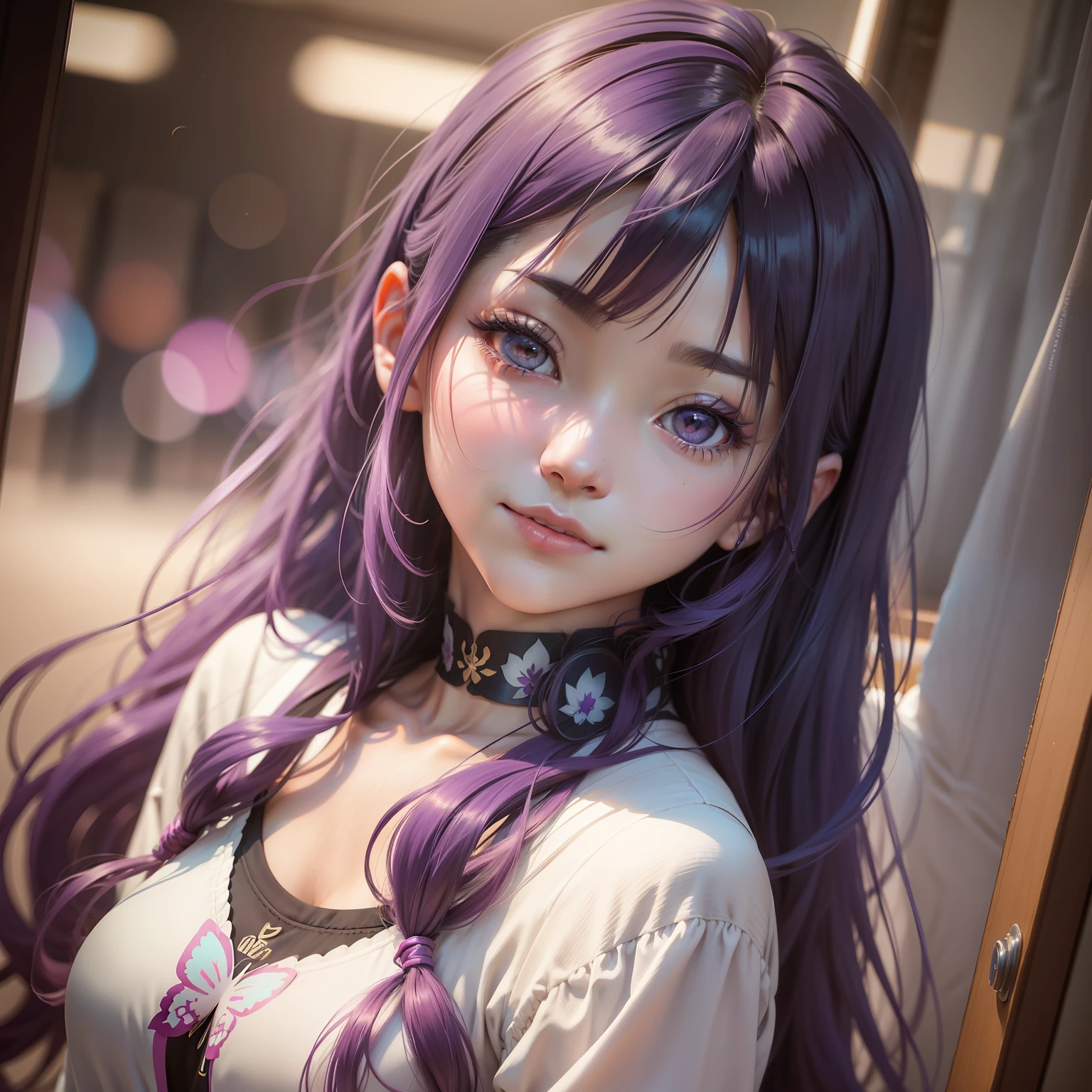 purple inner hair, long hair, butterfly hair ornaments, heart-shaped pupils, symbol shaped pupils, smile, surprise, surrealism, renaissance, anime, anime, anime style, suprematism, verism, cinematic lighting, chiaroscuro, ray tracing, reflected light, fuji, dioragram, first-person perspective, pov, close up, wide angle, perspective shortening, uhd, retina, masterpiece, ccurate, textured skin, high detail, high resolution, award-winning, 16k, best quality, high quality ,1 Girl, Female Focus, Solo, Alone, Alone, Inspired by Yuriko Ishida, Suzuko Hirose, Misakura Imada, Mai Shiraishi, Kyoko Fukada, Miwa Hamabe, Rina Hashimoto, Satomi Ishihara