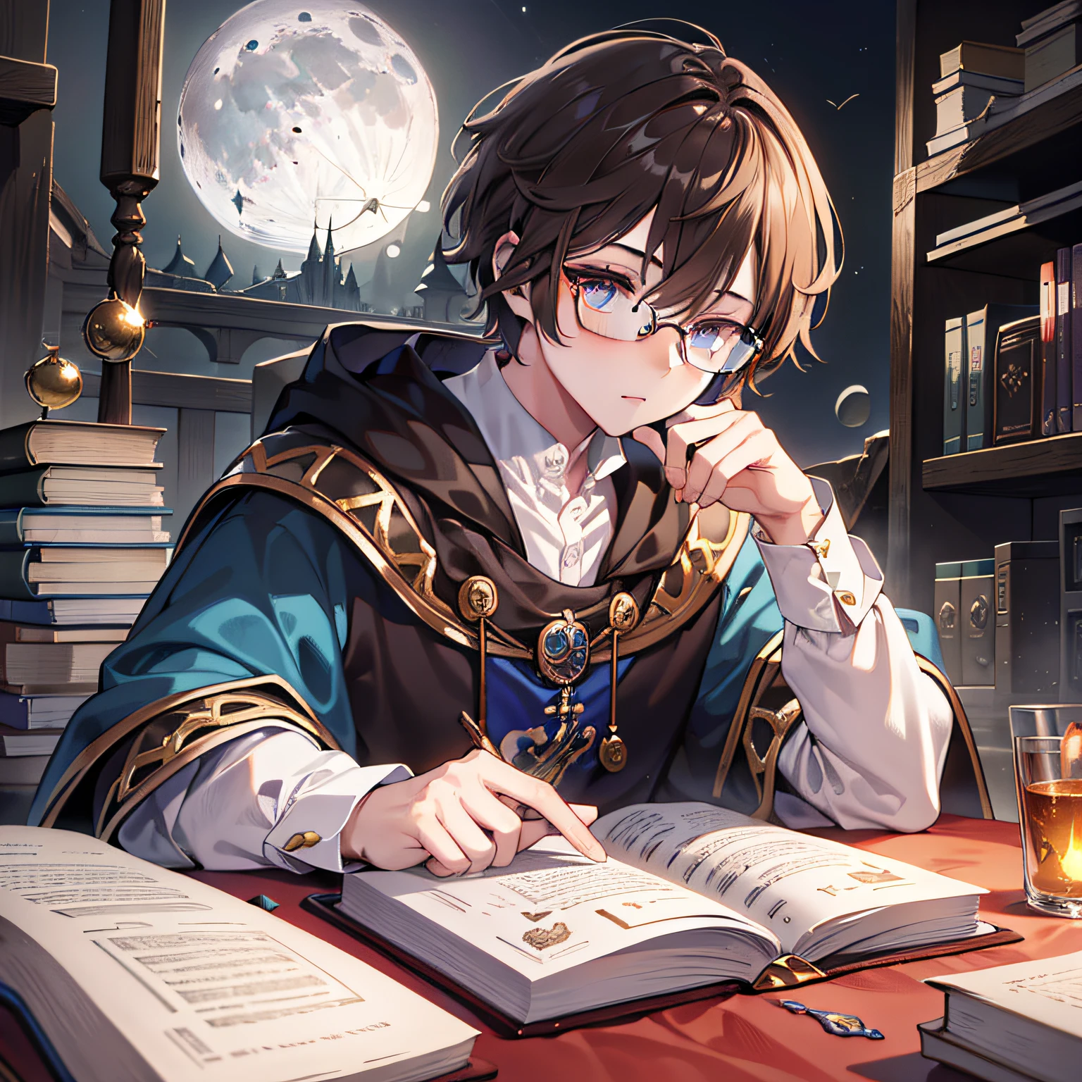 extremely detailed CG unity 8k wallpaper, incredibly absurdres, ultra-detailed, best illustration, man, middle Ages, The magician holds the book, brown, short hair, wear glasses, ((moon)), anime style, masterpiece, best quality