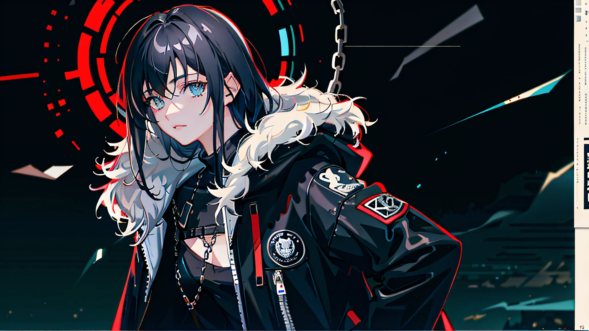 1girl, jacket, rain, outdoor, hoodie, open jacket, chain, backpack, looking at another, messy hair, trending on artstation, 8k resolution, highly detailed, anatomically correct, sharp image, digital painting, concept art, trending on pixiv, style of makoto shinkai,