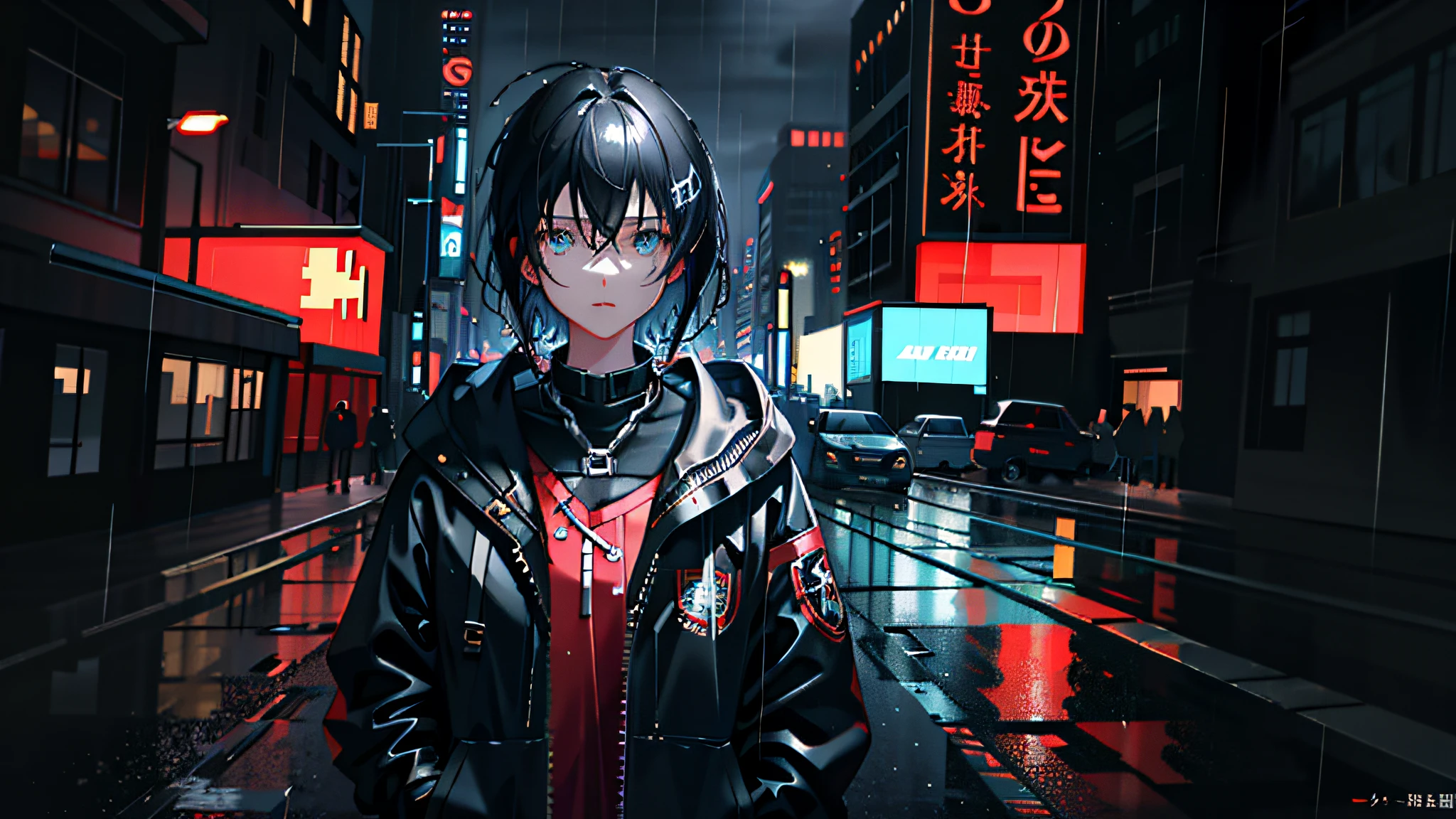 1girl, jacket, rain, outdoor, hoodie, open jacket, chain, backpack, looking at another, messy hair, trending on artstation, 8k resolution, highly detailed, anatomically correct, sharp image, digital painting, concept art, trending on pixiv, style of makoto shinkai,