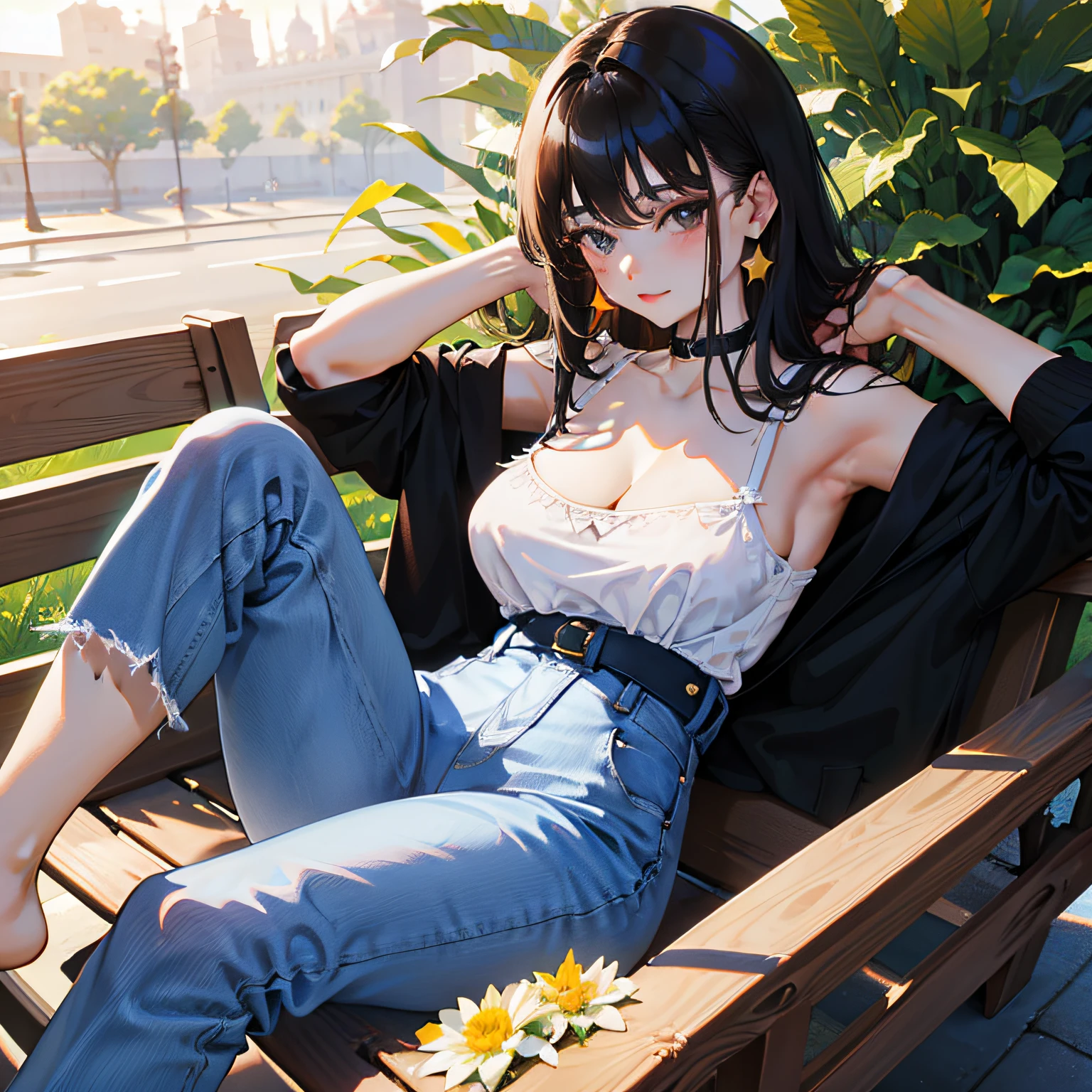 8K, DSDL, sunny weather, park, , female, black hair, dark eyes, star earrings, big and soft, cleavage, jeans, black camisole tucked up, white lingerie, ecchi