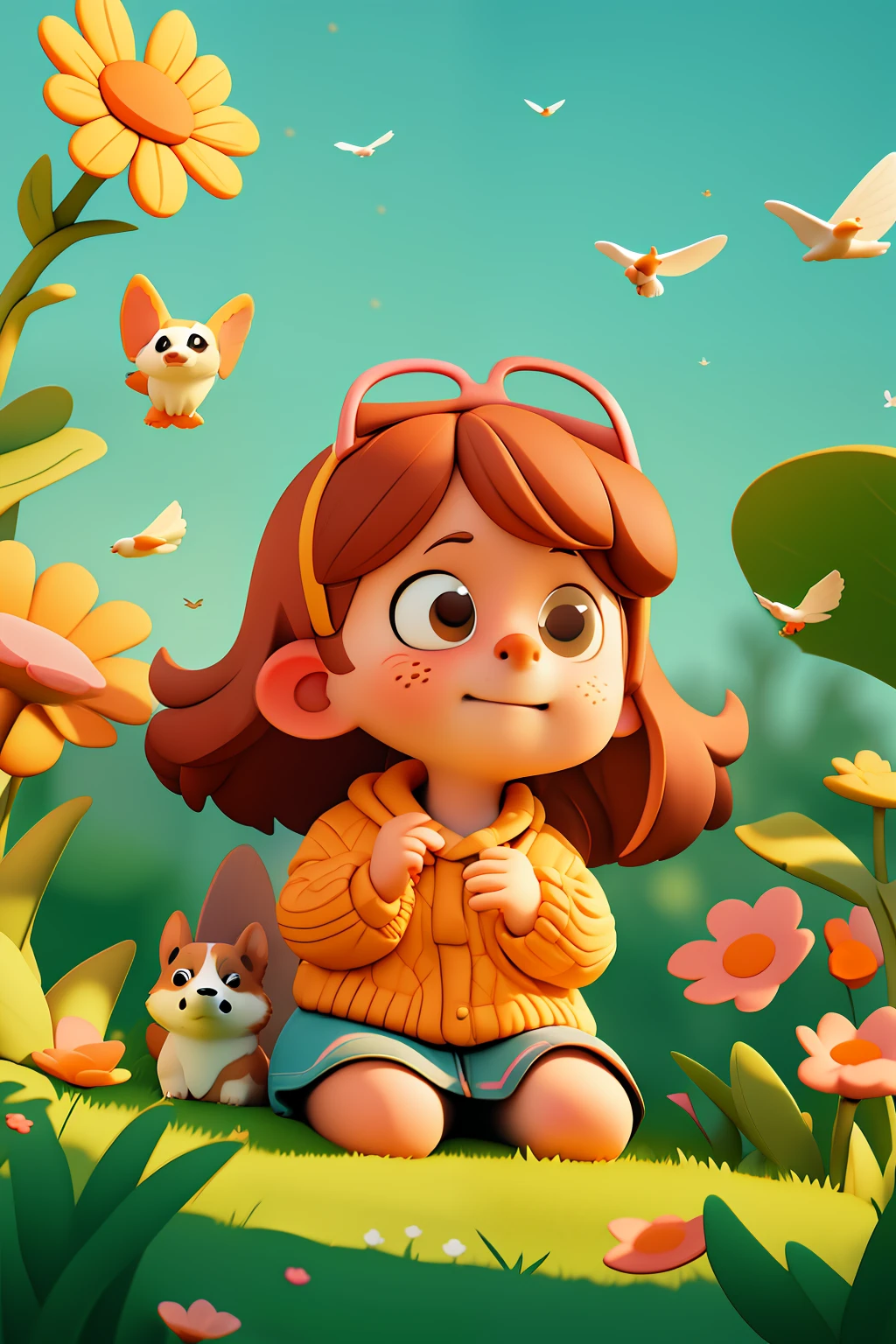 Cartoon style, (Pixar style), a cute girl and a corgi puppy, sitting,  girl reaching out to touch corgi's head, warm interactive atmosphere, outdoors, park lawn, 3D, Unreal Engine, detailed face, soft sunlight, glare, birds, flowers