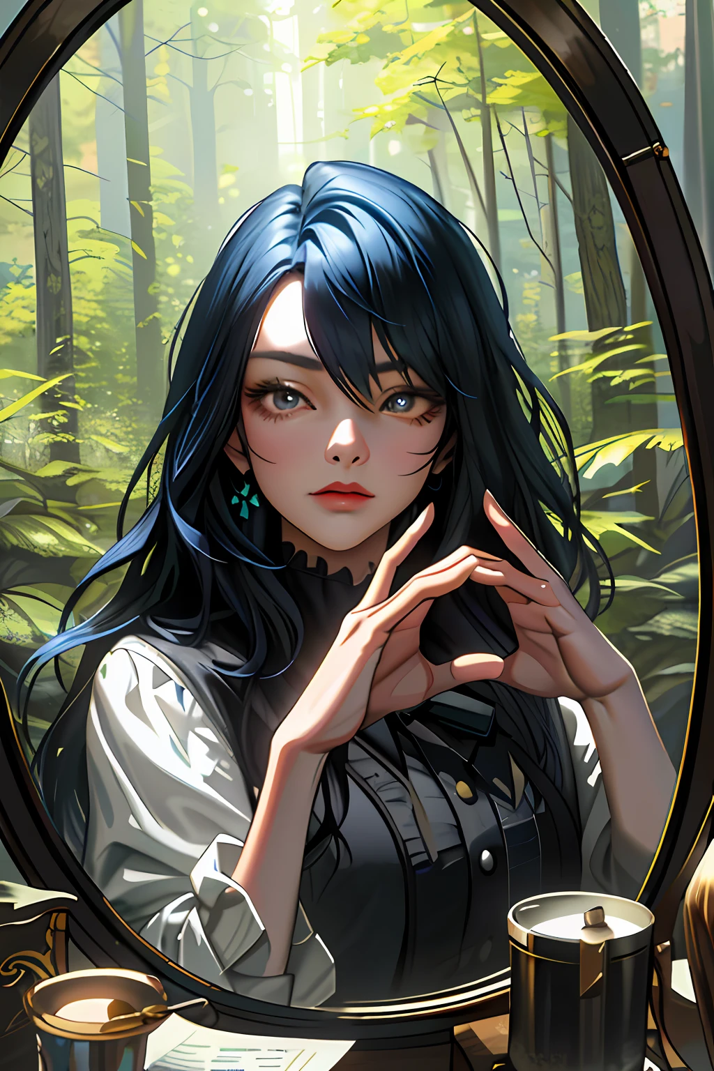 Girl with long blue and black hair, in a forest, looking the mirror, composition with good perspective, (((five fingers))), Cinematic Setting, Good Composition, Full Image, Personality Design, Artstation Theme, Deviantart Trending, Full HD, 4k, Detailed Detail, Digital Art, 8K Post Production, high resolution, very detailed , trending towards Artstation, Sharp-Focus, studio shot, detailed, many detailed, strong reflections, mismatched images,Tin ,(( (Hyperrealism)))