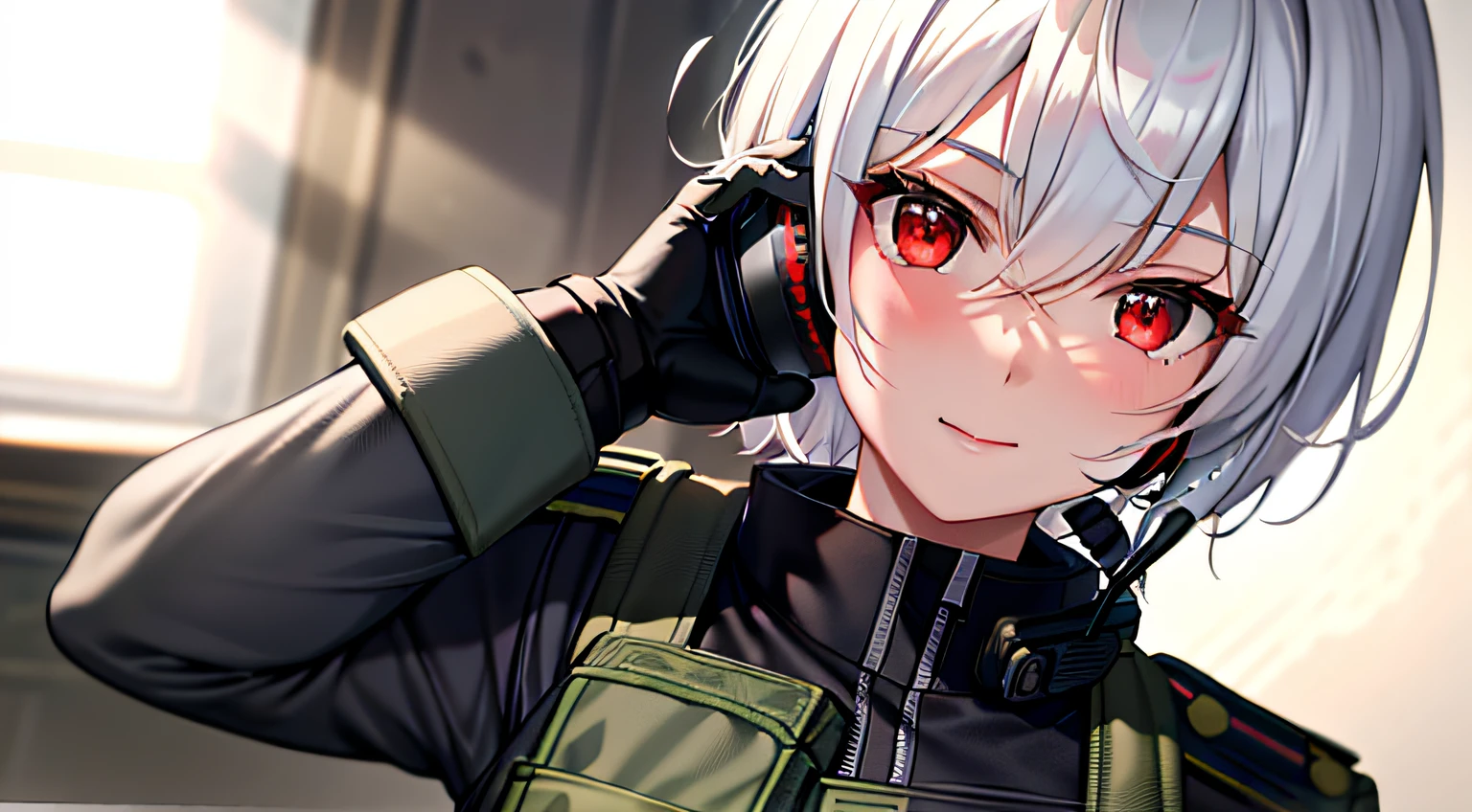 masterpiece , a girl, in battlefield, ( lite white short hair:1.2), (red eyes:1.2), (Russian Millitary Uniform:1.2), (looks at the viewer:1.2) , (8k, best quality 1.2), ultra-detailed, 8k uhd, soft lighting, high quality, film grain, beautiful lighting, cinematic ,perfect body , best illumination, best shadow, sharpness, contrast, red glasses, messy hair, tactical vest, gloves, headset, absurdres high detailed face