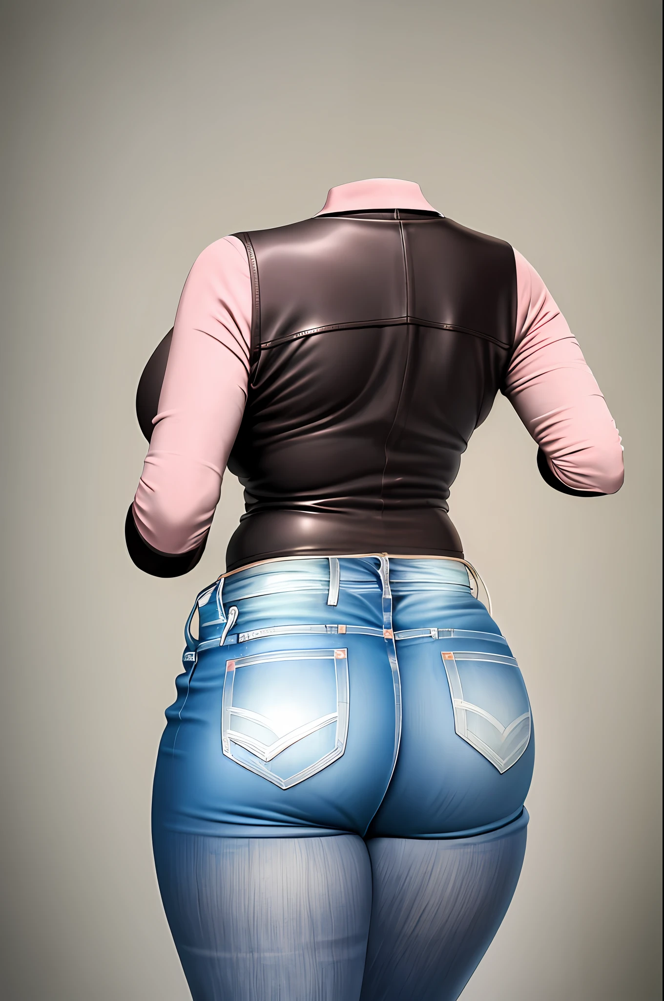 masterpiece, best quality, 1girl, solo, invisible, leather, pink shirt ((((no humans)))), (headless), faceless, empty clothes, anime, curves, medium breast, from behind, butt, back, back view, focus on butt