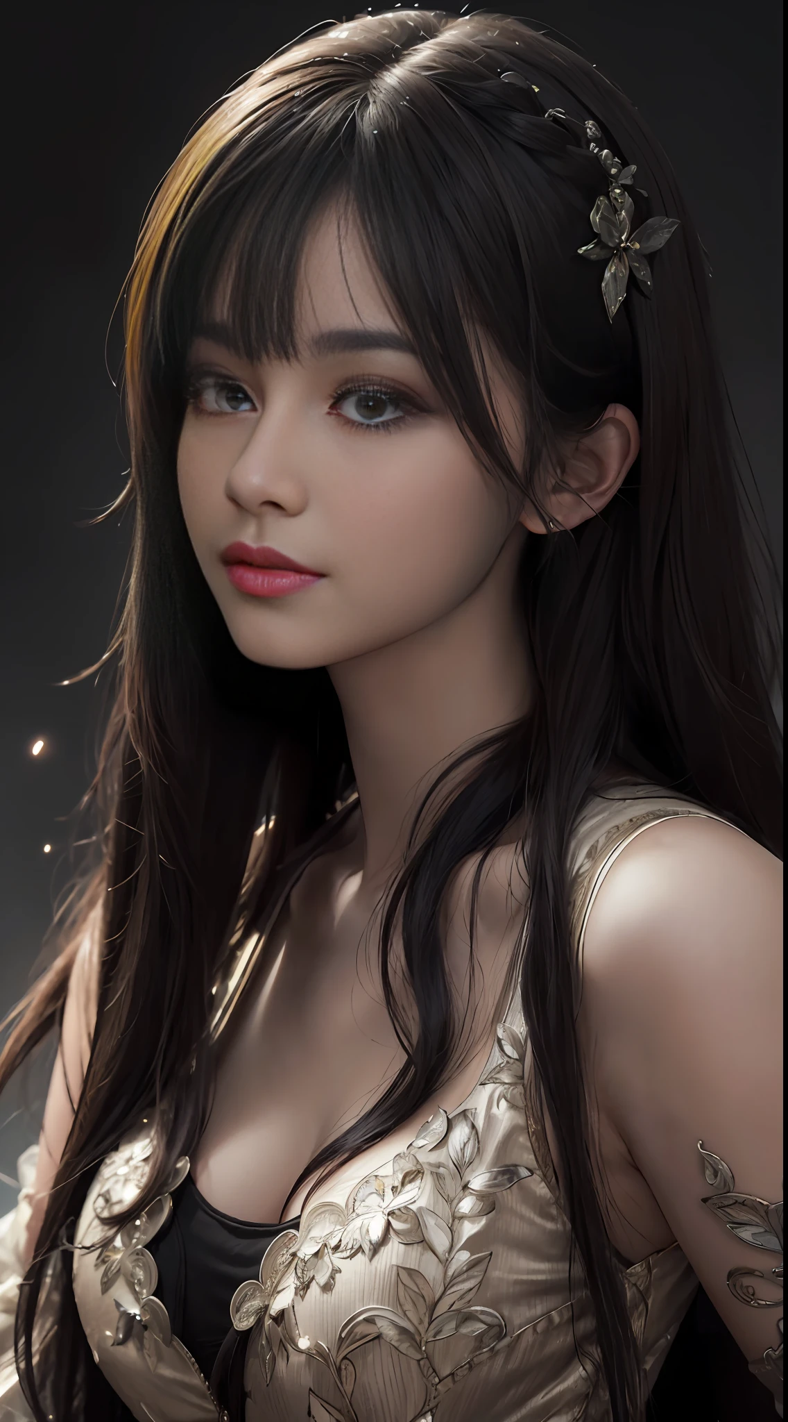 (Ultra Realistic), (Illustration), (Increased Resolution), (8K), (Extremely Detailed), (Best Illustration), (Beautiful and Detailed Eyes), (Best Quality), (Ultra Detailed), (Masterpiece ), ( wallpaper), (detailed face), solo, 1 girl, looking at viewer, fine details, detailed face, in the dark, deep shadows, low key, pureerosfaceace_v1, smiling, long hair, black shawl straight hair , 46 points oblique bangs