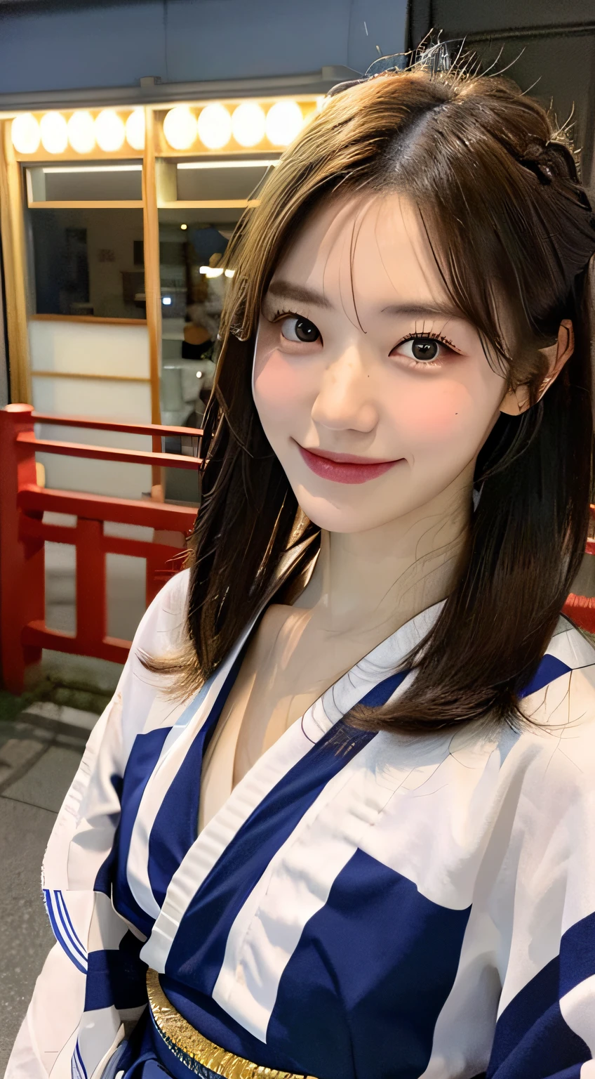 look at camera,(((top quality, 8k, masterpiece))), crisp focus, (beautiful woman with perfect figure), slender, (hairstyle: up)), ((kimono: Kara)), street: 1.2 Highly detailed face and skin texture Detailed eyes Double eyelids random posture, (smile),super cute Japan person,super beauty Japanese girl, realistic face, double eyelid,smile,summer festival , at sunset , beautiful tooth , fire-works back-ground.