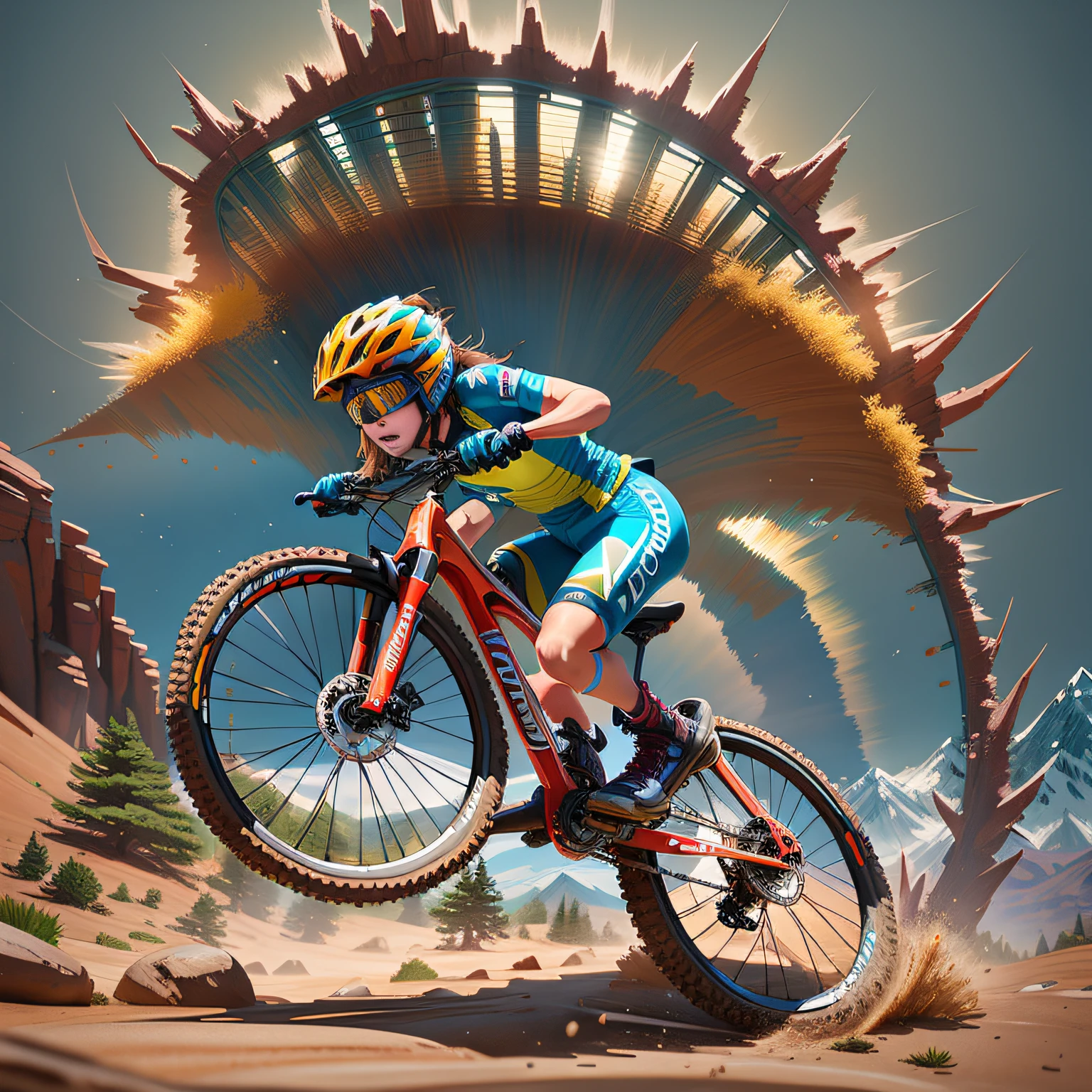(best quality), a vibrant and energetic scene that captures the essence of mountain biking through the majestically colorful and rugged landscape of Starfish Mountain, with stunningly detailed terrain and smooth lighting, (1 biker), racing through the mountain trails, the wind blowing through their hair, and the sun shining bright overhead, with the perfect balance of action and serenity.