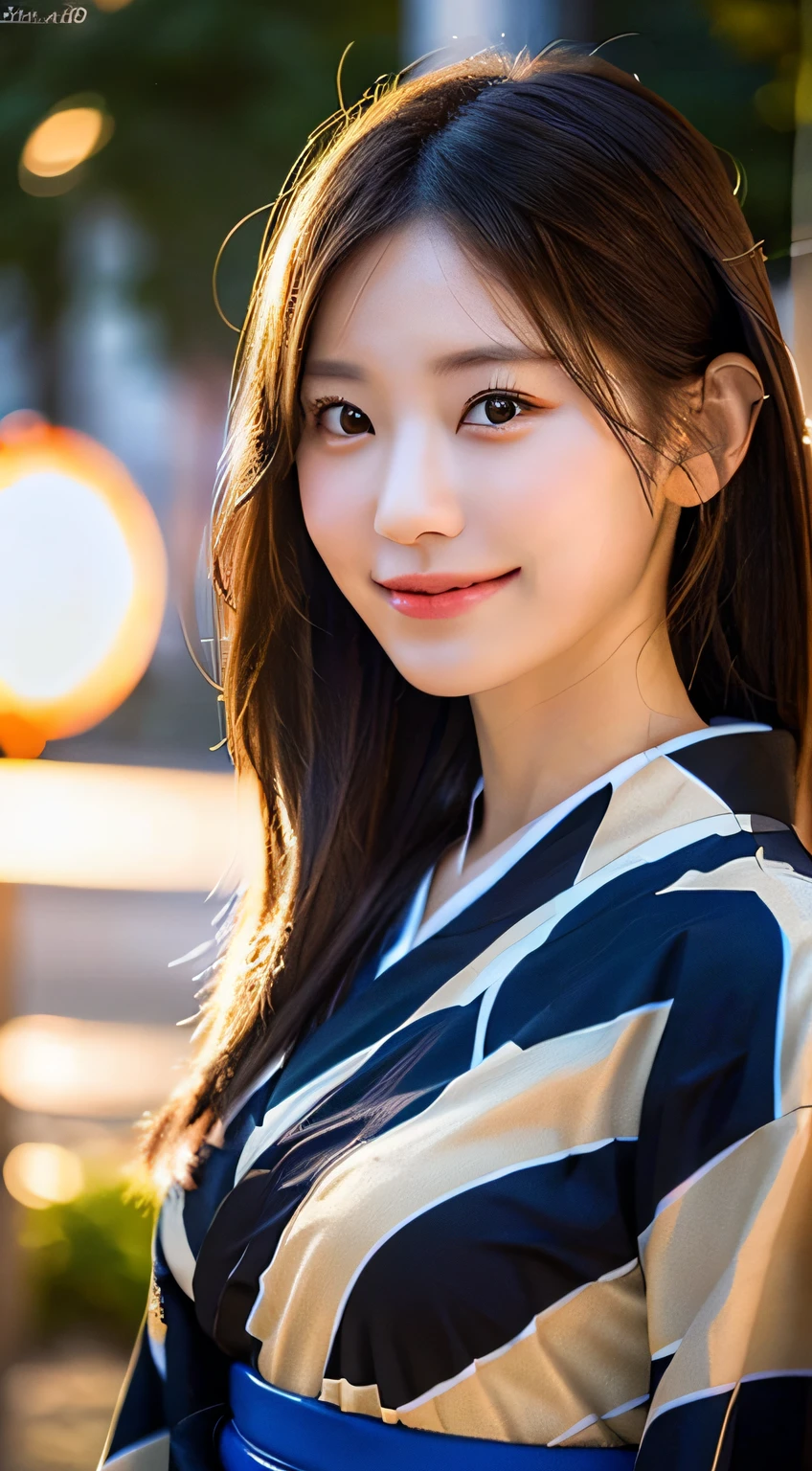 look at camera,(((top quality, 8k, masterpiece))), crisp focus, (beautiful woman with perfect figure), slender, (hairstyle: up)), ((kimono: Kara)), street: 1.2 Highly detailed face and skin texture Detailed eyes Double eyelids random posture, (smile),super cute Japan person,super beauty Japanese girl, realistic face, double eyelid,smile,summer festival , at sunset , beautiful tooth , fire-works back-ground.