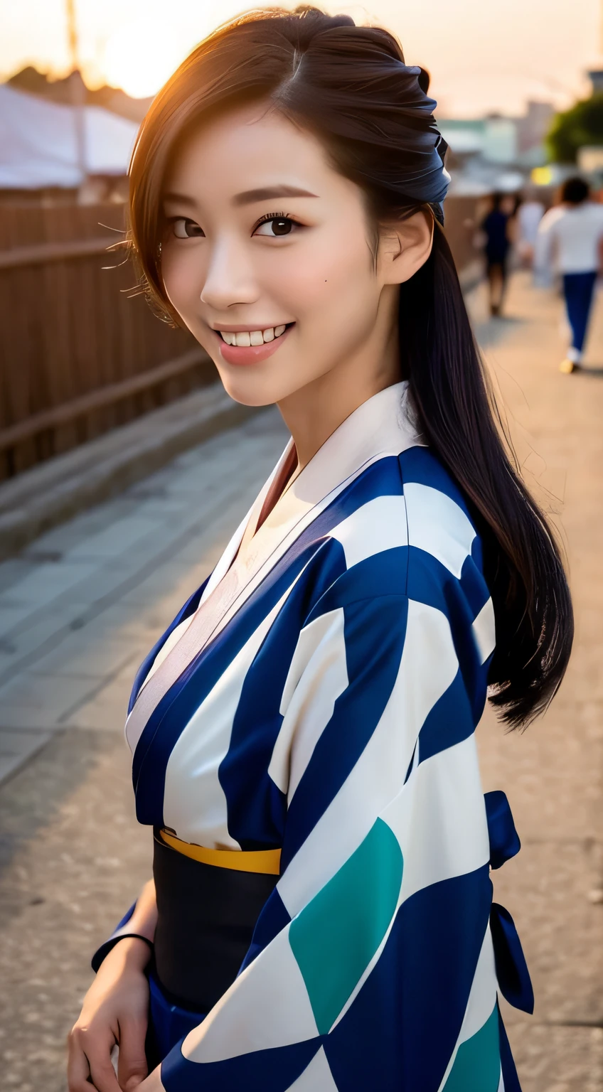 look at camera,(((top quality, 8k, masterpiece))), crisp focus, (beautiful woman with perfect figure), slender, (hairstyle: up)), ((kimono: Kara)), street: 1.2 Highly detailed face and skin texture Detailed eyes Double eyelids random posture, (smile),super cute Japan person,super beauty Japanese girl, realistic face, double eyelid,smile,summer festival , at sunset , beautiful tooth , fire-works back-ground.