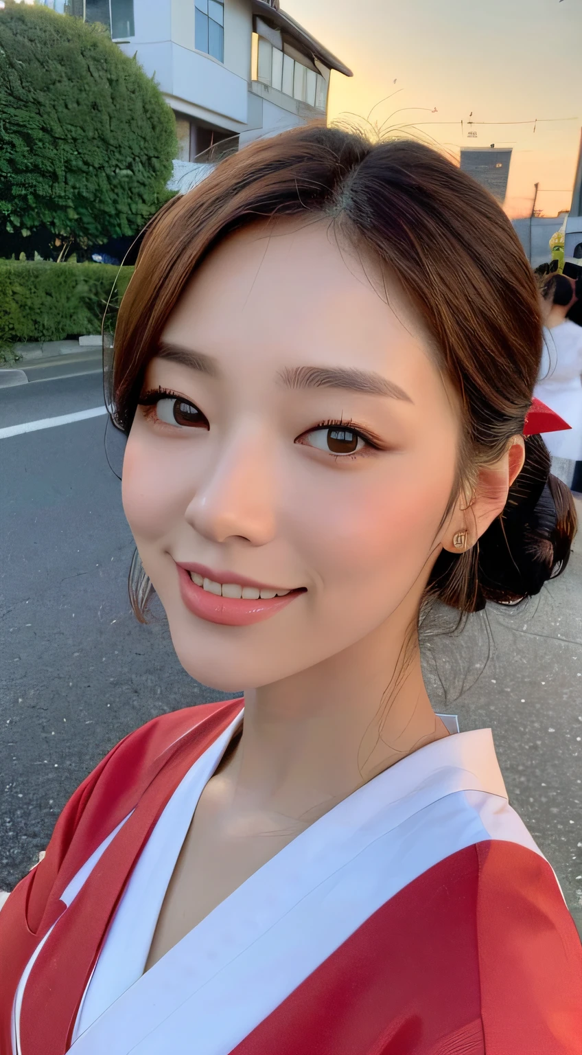 look at camera,(((top quality, 8k, masterpiece))), crisp focus, (beautiful woman with perfect figure), slender, (hairstyle: up)), ((kimono: Kara)), street: 1.2 Highly detailed face and skin texture Detailed eyes Double eyelids random posture, (smile),super cute Japan person,super beauty Japanese girl, realistic face, double eyelid,smile,summer festival , at sunset , beautiful tooth , fire-works back-ground.