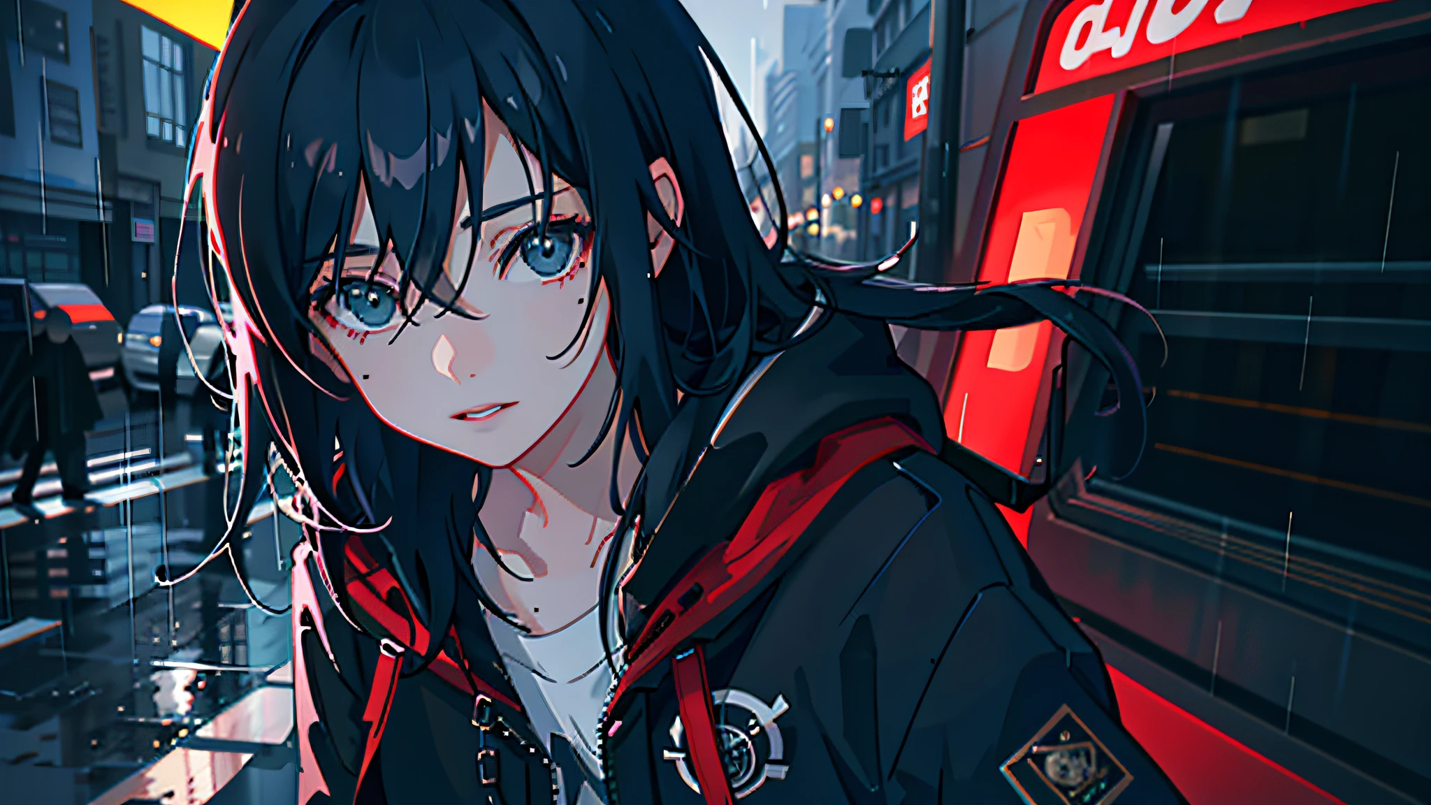 1girl, jacket, rain, outdoor, hoodie, open jacket, chain, backpack, looking at another, messy hair, trending on artstation, 8k resolution, highly detailed, anatomically correct, sharp image, digital painting, concept art, trending on pixiv, style of makoto shinkai,