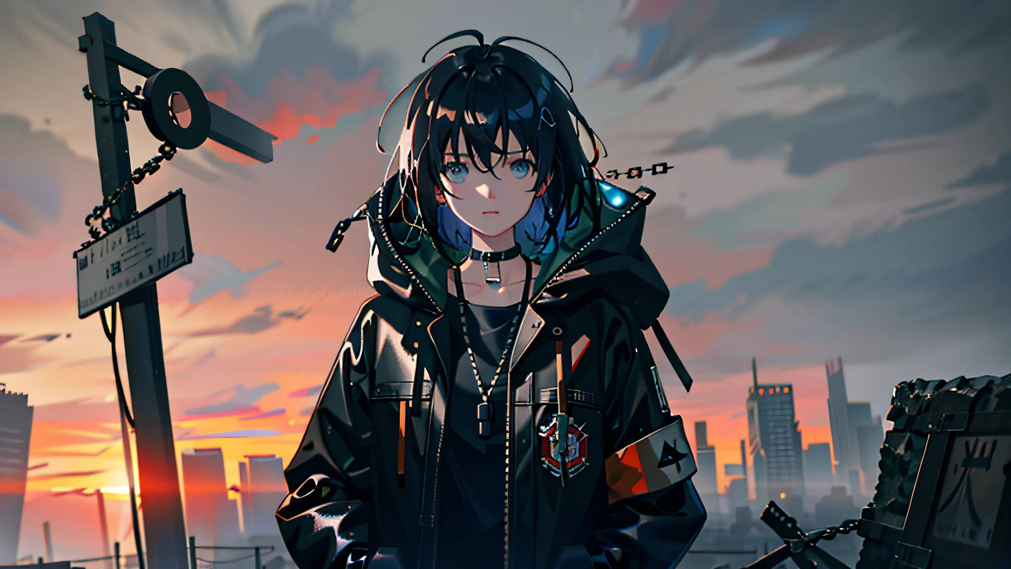 1girl, jacket, rain, outdoor, hoodie, open jacket, chain, backpack, looking at another, messy hair, trending on artstation, 8k resolution, highly detailed, anatomically correct, sharp image, digital painting, concept art, trending on pixiv, style of makoto shinkai,