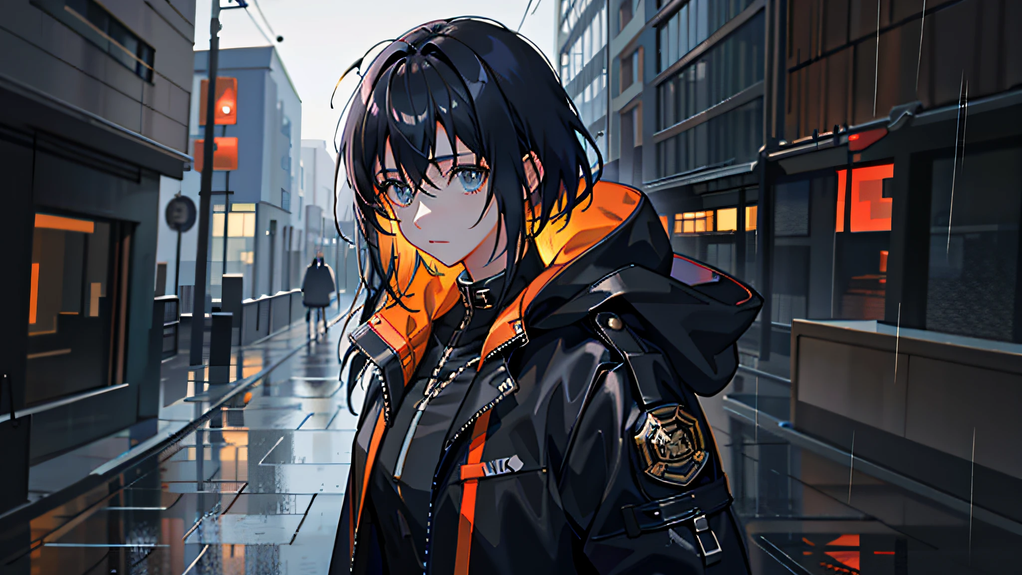 1girl, jacket, rain, outdoor, hoodie, open jacket, chain, backpack, looking at another, messy hair, trending on artstation, 8k resolution, highly detailed, anatomically correct, sharp image, digital painting, concept art, trending on pixiv, style of makoto shinkai,