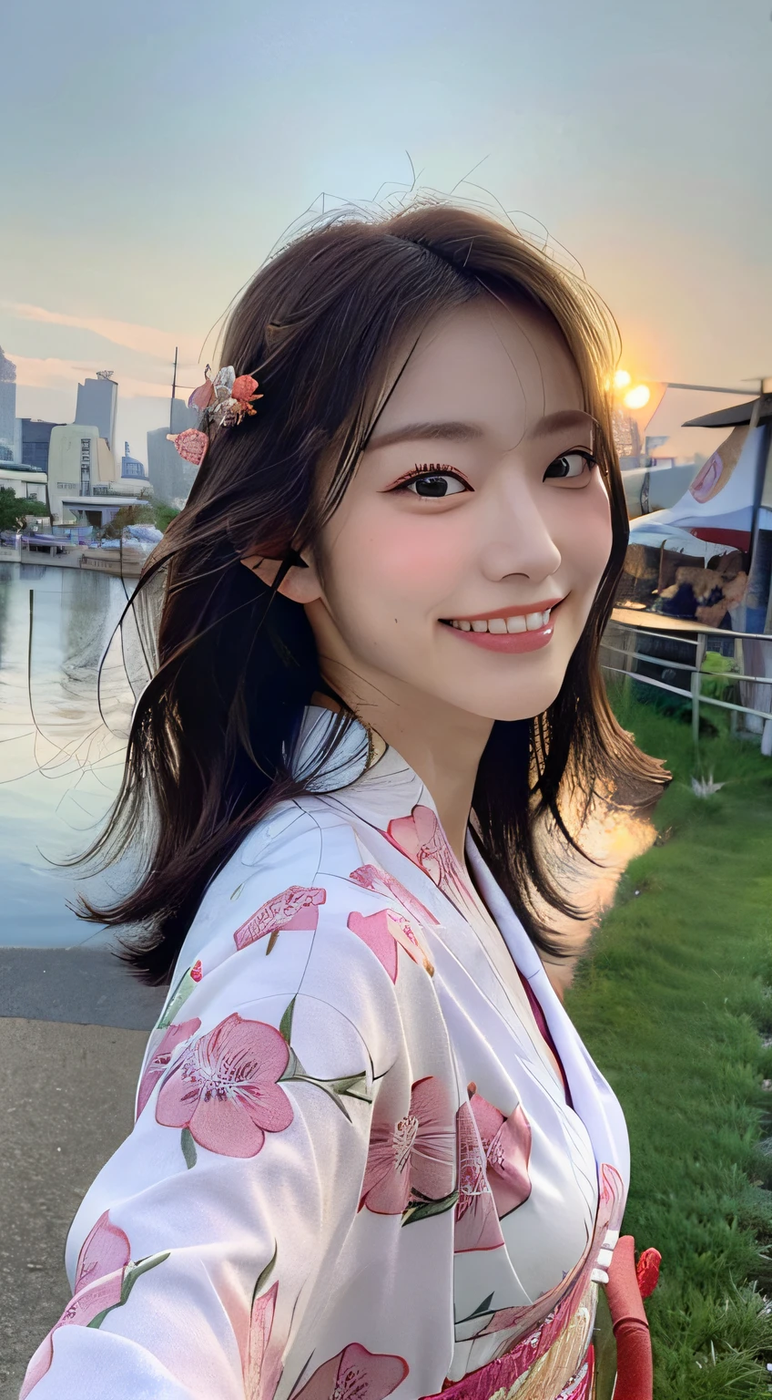 beautiful eyes, realistic eyes,look at camera,(((top quality, 8k, masterpiece))), crisp focus, (beautiful woman with perfect figure), slender, (hairstyle: up)), ((kimono: Kara)), street: 1.2 Highly detailed face and skin texture Detailed eyes Double eyelids random posture, (smile),super cute Japan person,super beauty Japanese girl, realistic face, double eyelid,smile,summer festival , at sunset , beautiful tooth , fire-works back-ground.