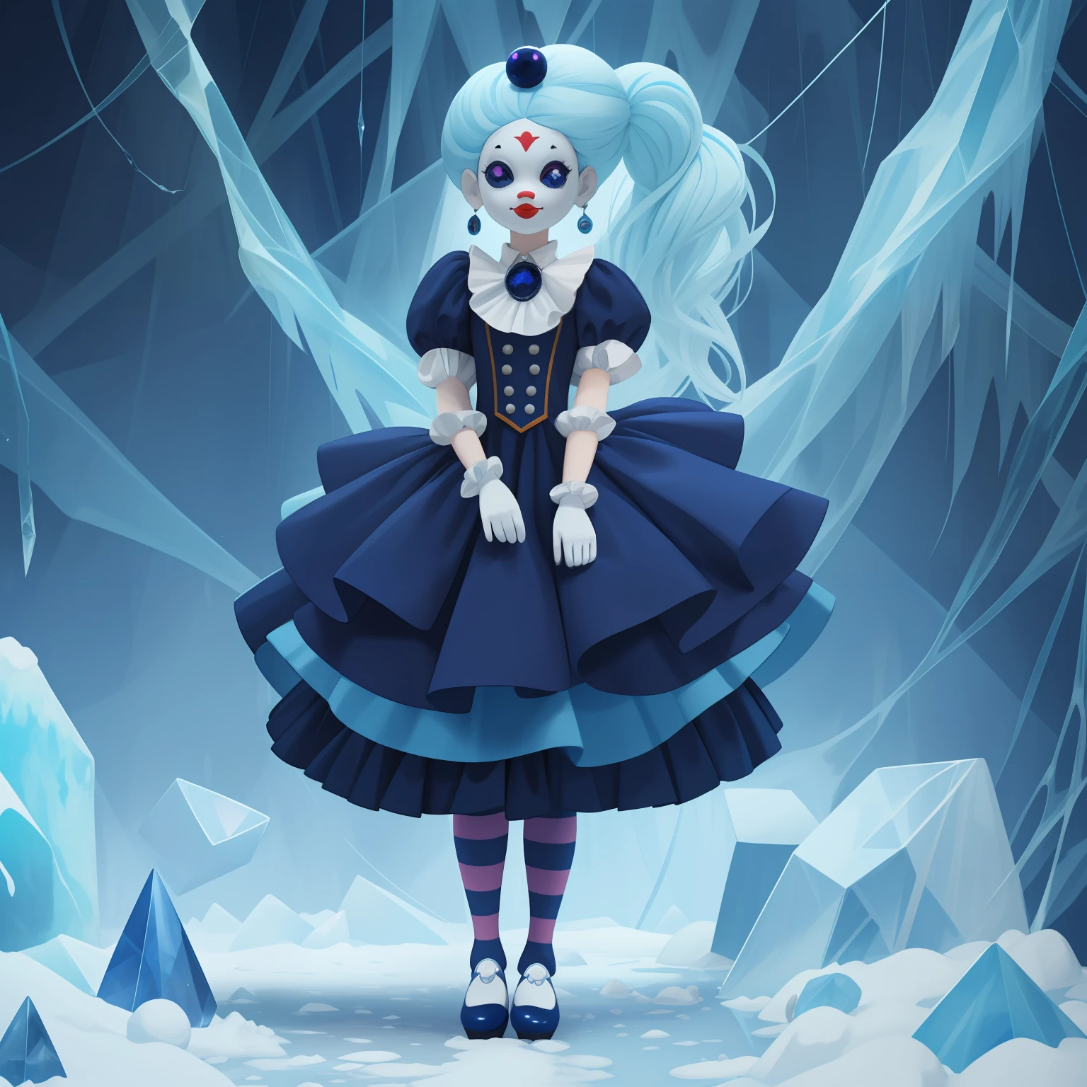 living doll, (monster girl), pale skin, navy-blue clown hair, navy blue and white clown suit with a sapphire gem, ice-blue clown shoes, standing in a ice storm, masterpiece, best quality