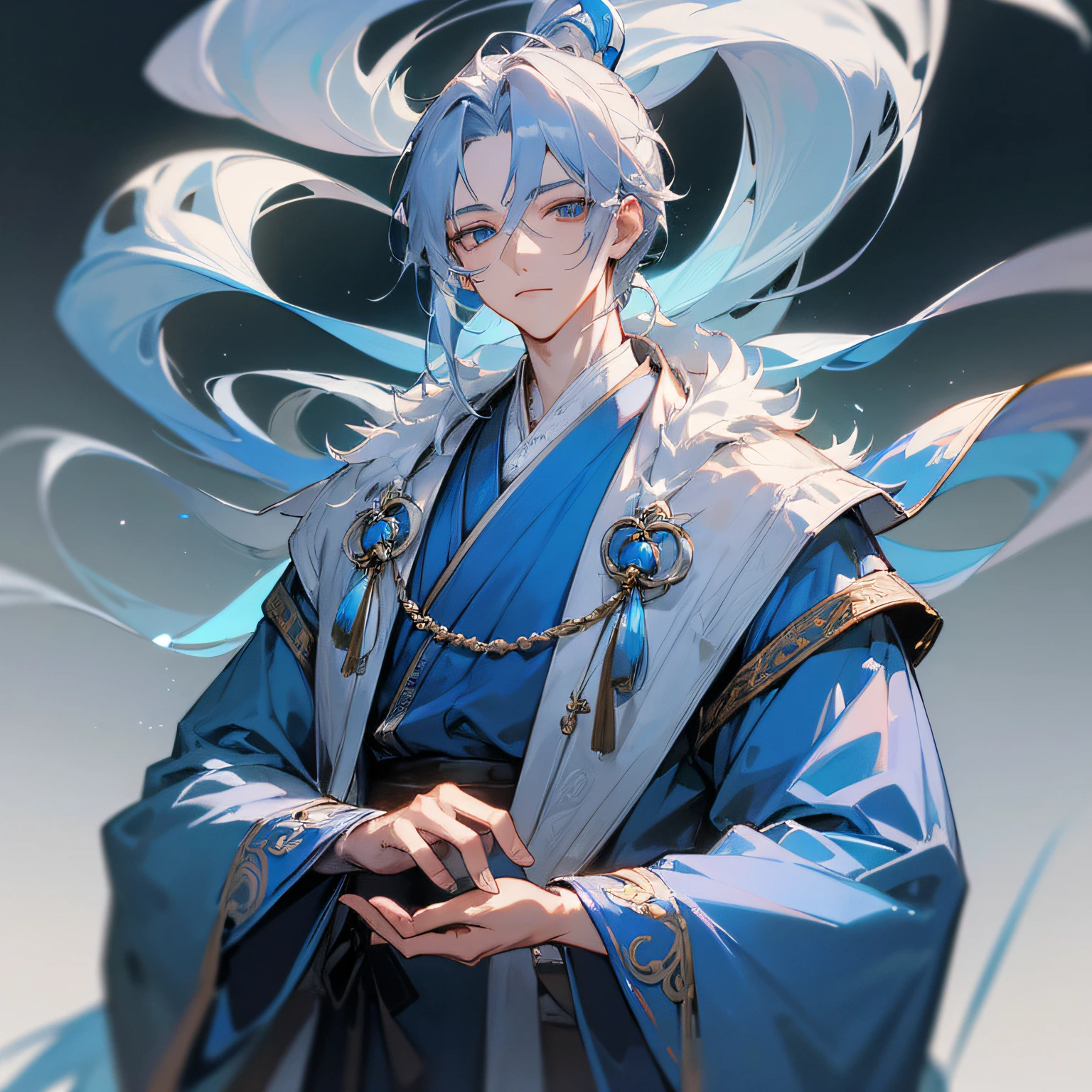 Masterpiece, best quality, (fine beautiful eyes and detailed face), natural lighting, extremely detailed CG Unity 8k wallpaper, 1 boy, tall man, clothes: blue ancient Chinese clothing, appearance: silver hair, blue pupils, handsome, fair skin, cold, delicate facial features, full-body photo, black background, --auto --s2