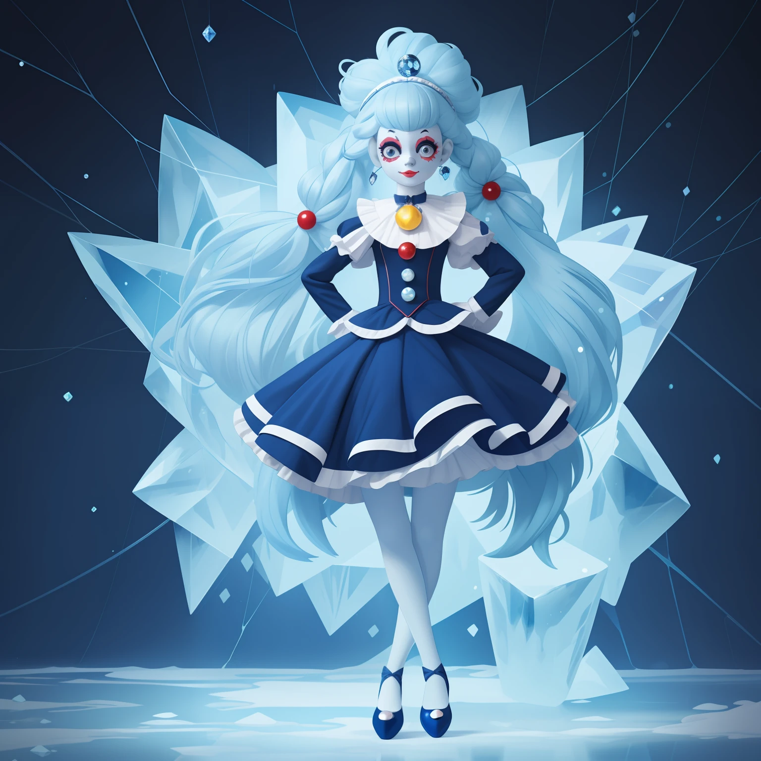 living doll, (monster girl), pale skin, navy-blue clown hair, navy blue and white clown suit with a sapphire gem, ice-blue clown shoes, standing in a ice storm, masterpiece, best quality