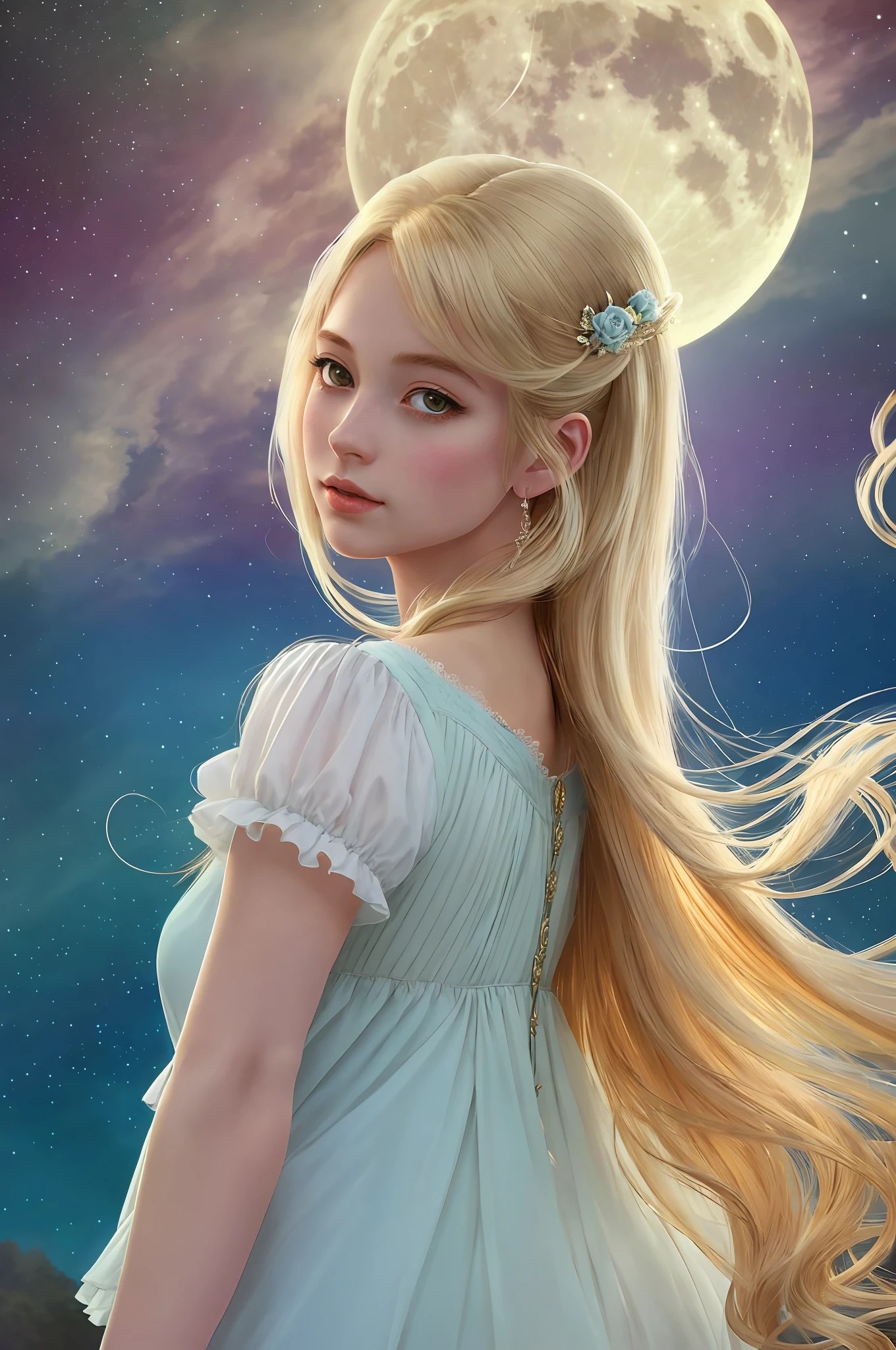 A highly detailed anime illustration, 1girl, vintage, dreamy, magical, dynamic pose, drawing, trending on artstation, UHD, (((by Quentin de Warren))):1.8, magic in the air, atmosphere, luminosity,  full moon, blonde, Artemis, archer