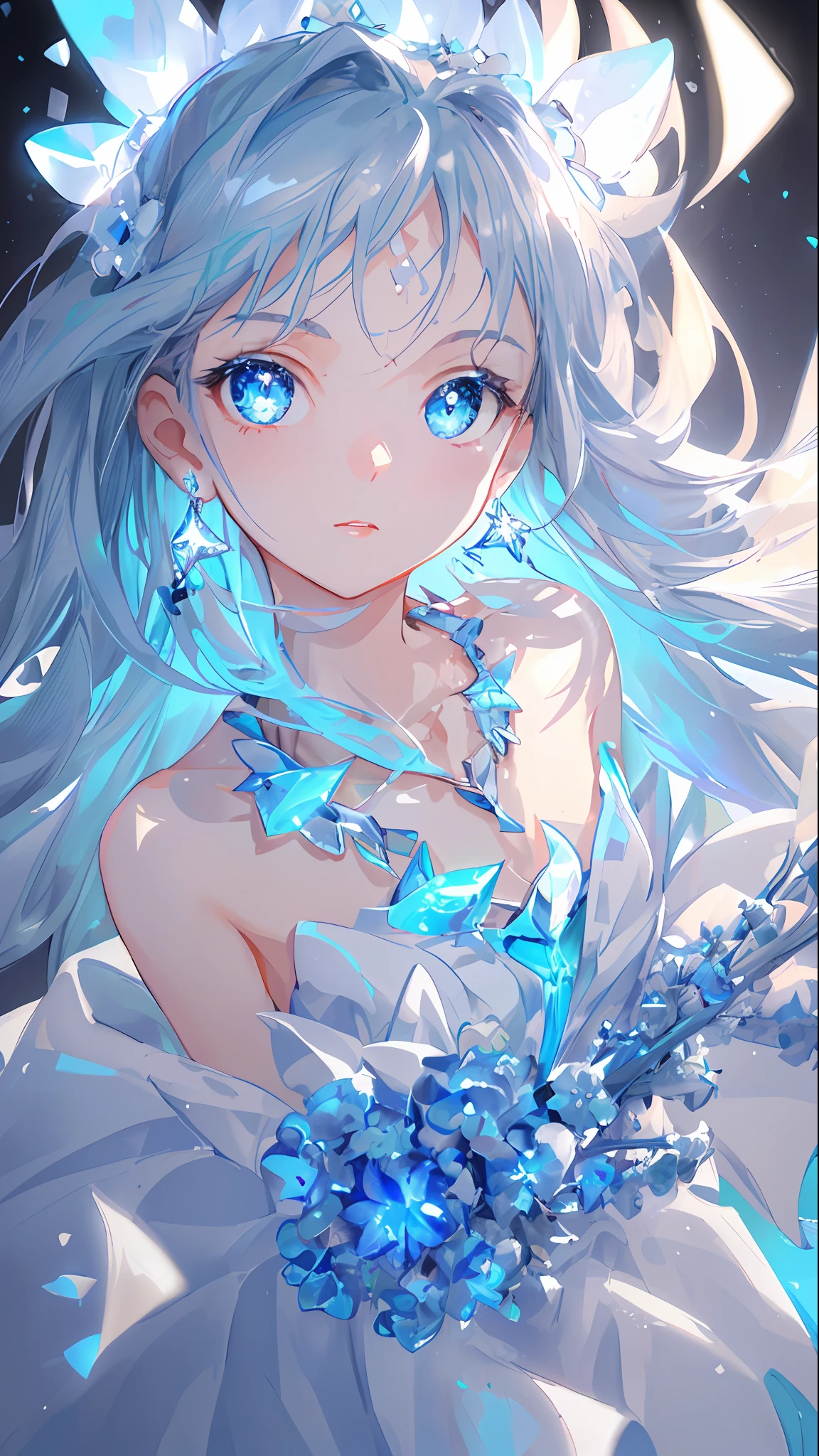 masterpiece, best quality, illustration, sax blue, platinum earrings, platinum necklace, white dress, 1girl, cute, (dynamic lighting:1.2), cinematic lighting, delicate facial features, detailed eyes, sharp pupils, realistic pupils, depth of field, bokeh, sharp focus, (hyper-detailed, bloom, glow:1.4), many small gems