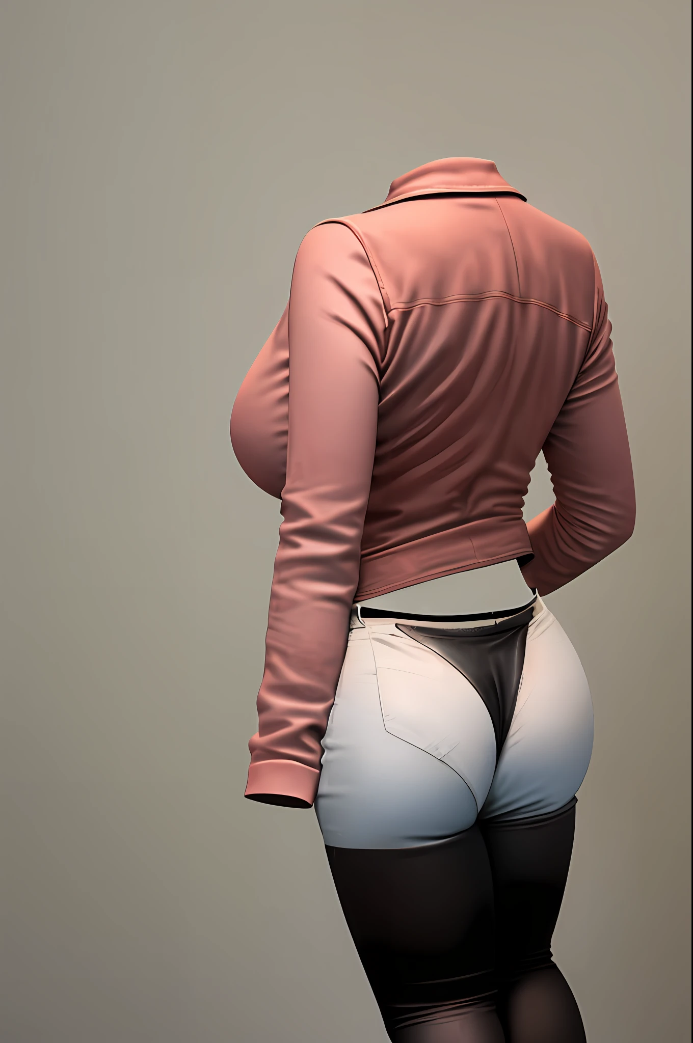 masterpiece, best quality, 1girl, solo, invisible, leather, pink shirt ((((no humans)))), (headless), faceless, empty clothes, anime, curves, medium breast, from behind, butt, back, back view, focus on butt