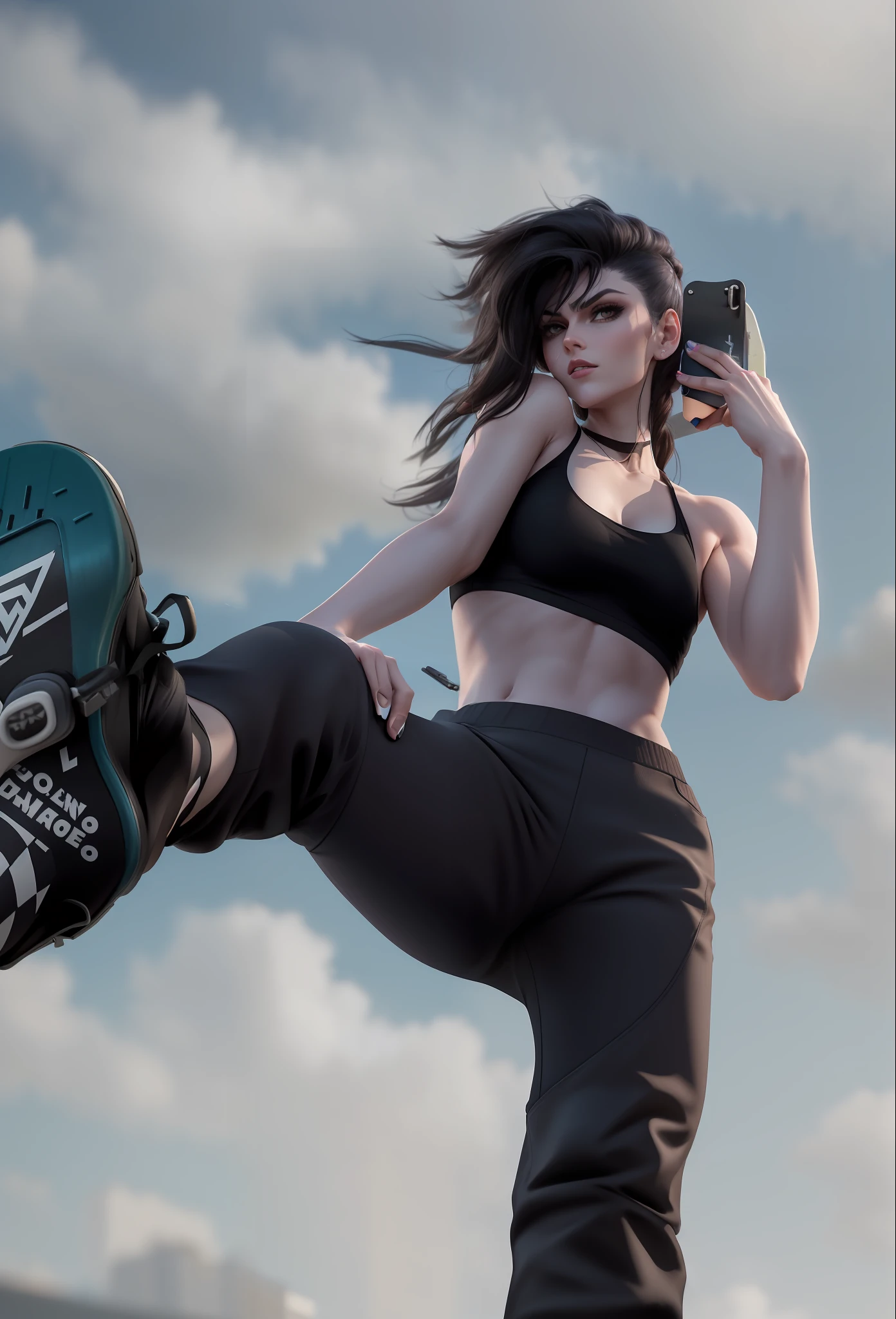 Widowmaker in top and pants doing a kick on a skateboard, sneaker photo, wearing a cropped black tank top, wearing a black cropped tank top, athletic fashion photography, fit pic, low view, focus on sneakers only, standing on rooftop, looking at camera, sky background