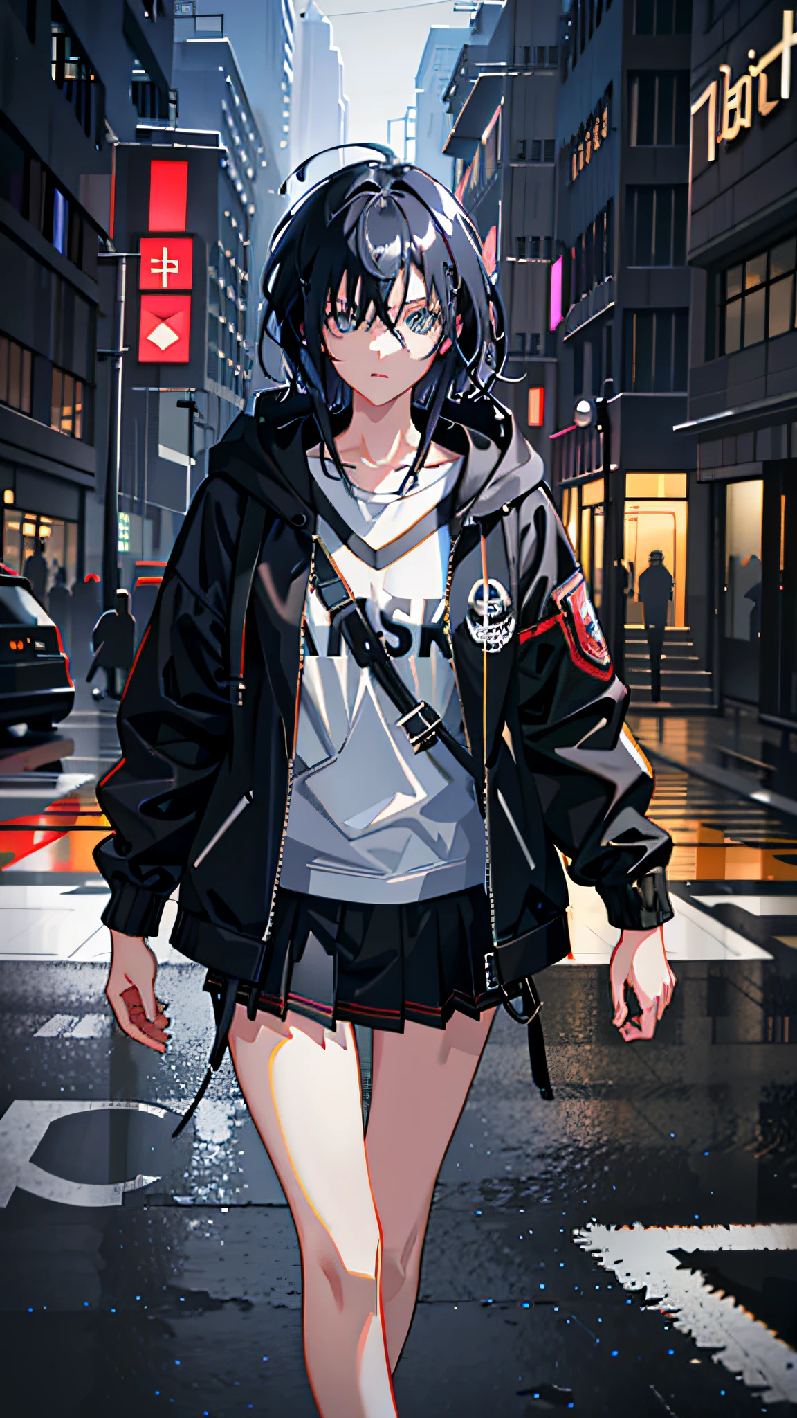1girl, jacket, rain, outdoor, hoodie, open jacket, chain, backpack, looking at another, messy hair, trending on artstation, 8k resolution, highly detailed, anatomically correct, sharp image, digital painting, concept art, trending on pixiv, style of makoto shinkai,