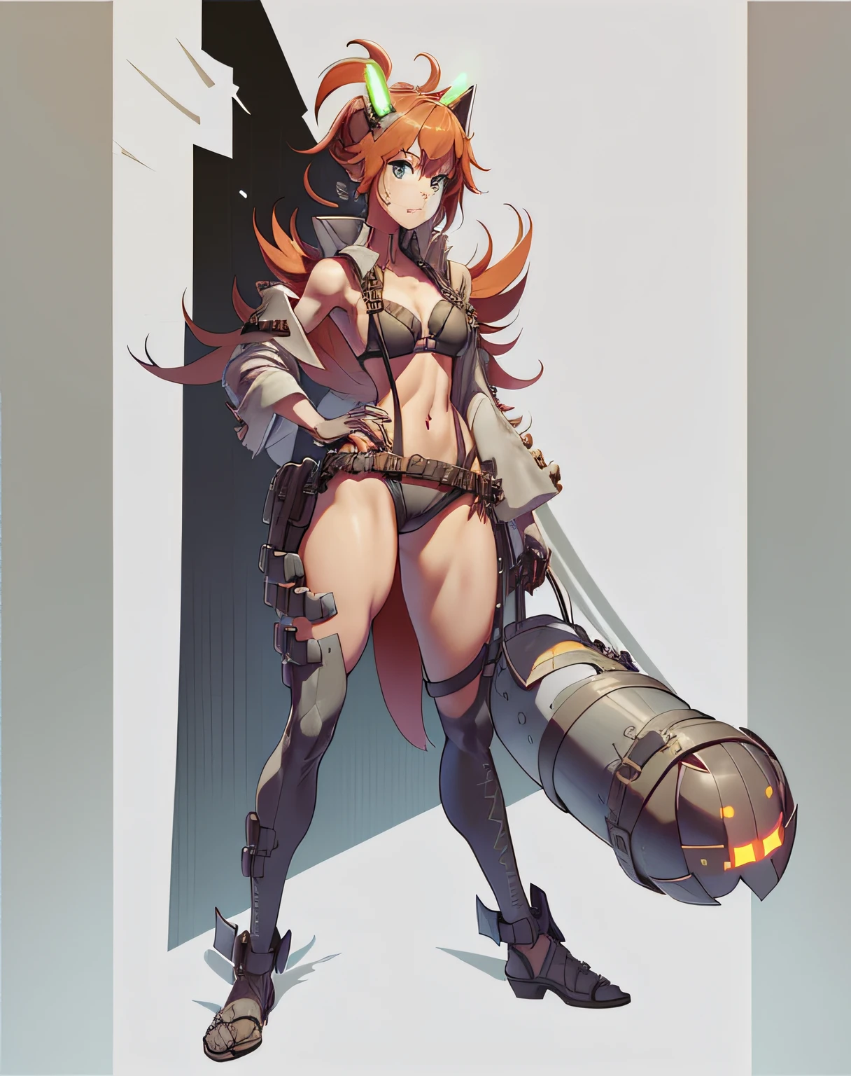 Red-haired girl, green eyes, pigtails, a wreath of horns on her head, a techno barbarian, a huge techno cannon in her hands, a huntress, bones on her body, insect plates, chitin, fur, small bones, light bones and red fur on her shoulders, dark leather stockings made of strips of cut leather on her legs, ropes and light bones on her body, thin panties, a small bra made of bones, bright red hair, Decorations made of horns, fur - a cannon. instead of panties, a rope, instead of a bra, bones and chitin, fur shoulder pads and with chitin, a tail of hair on the back of the head looks up, a short haircut, a high-tech cyberpunk gun, the girl has green eyes, a playful look, a good-natured smile, a neat nose, tight panties, tight thongs, mini underwear, leaky underwear, torn fabrics, a lot of torn fabrics, a lot of holes in fabrics, a gun with a monster's head, The barrel of the cannon in the form of a monster bursts out of its mouth flames. The girl has short hair, a ponytail at the back is short and looks up, fur shoulder pads, a jacket on her shoulders, a torn bra, clothes pulled down, wild and primitive style, a fiery squirrel, all her clothes are torn, holes in her clothes, the jacket is torn into rags, shreds of red fur stick out, there are no panties, a loincloth under which there is nothing, high torn stockings. linen torn to shreds, linen made of nets, hair on the head looking up, fiery horns, fur torn jacket made of bones, chitin, sexuality, nudity, beautiful, open pubis, leather under the belt, pockets on stockings, bone jewelry