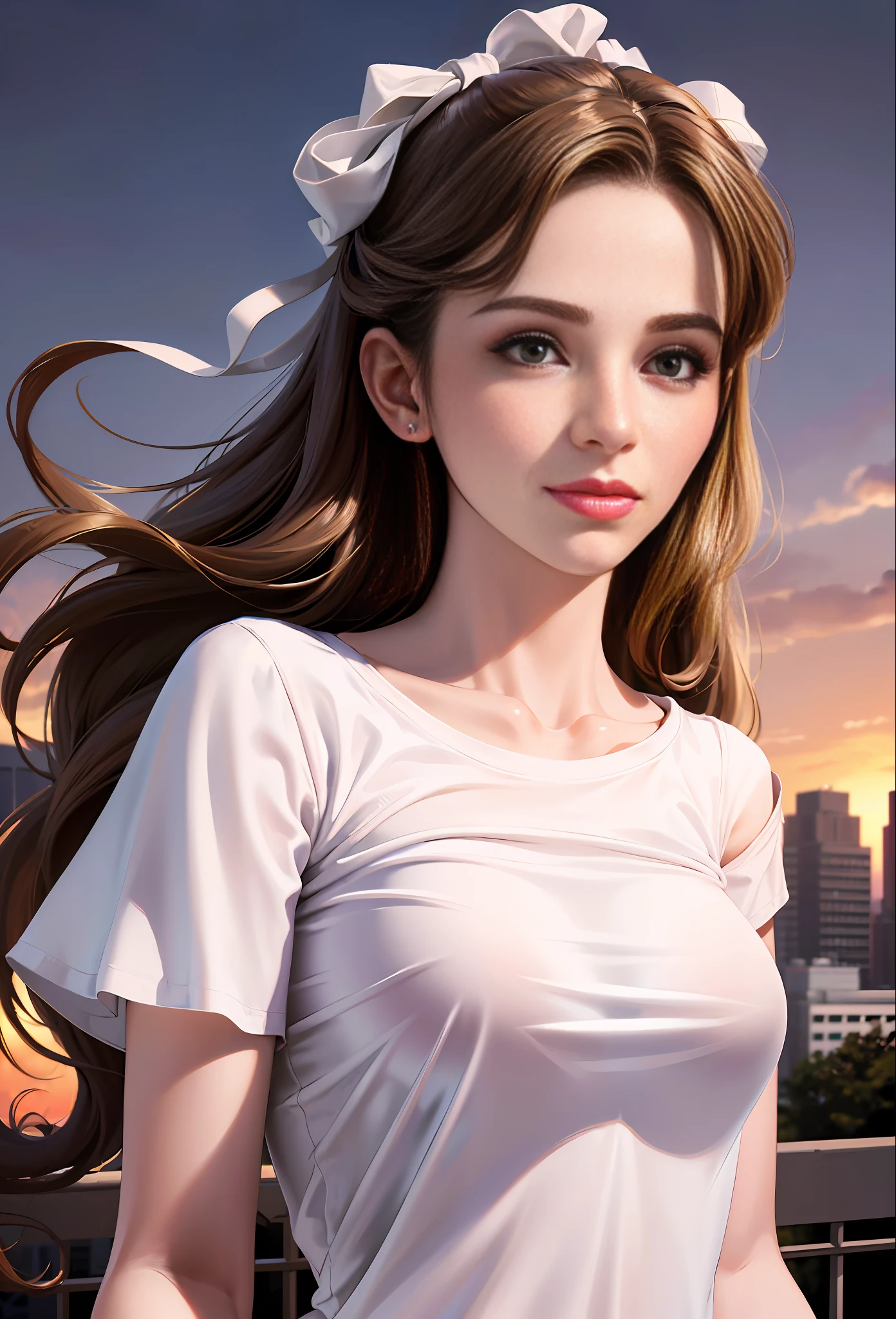 (best quality), (masterpiece), (high resolution),professional lighting, focus all body, night terrace, detailed background, 1girl, (beautiful face:2), fine skin, smile, long wave brown hair, sky blue eyes, (oversized clothes, white t-shirt:1.5), (off shoulder:1.2), (Medium beasts:1.35), nipple,